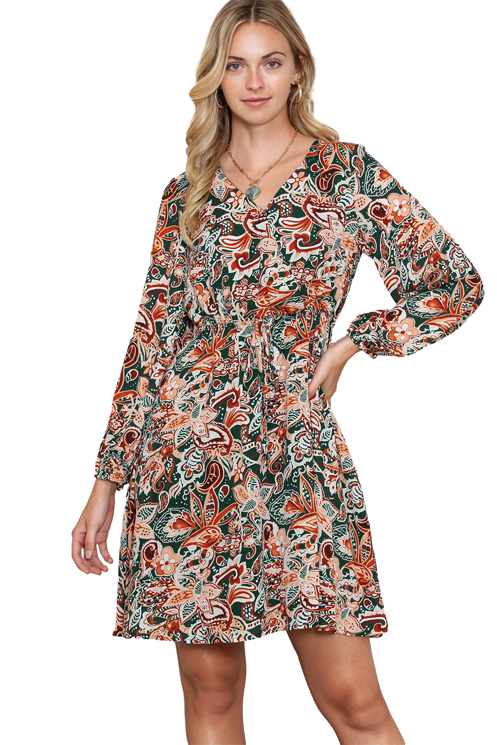 Brown Boho Abstract Print Drawstring Flowy Dress