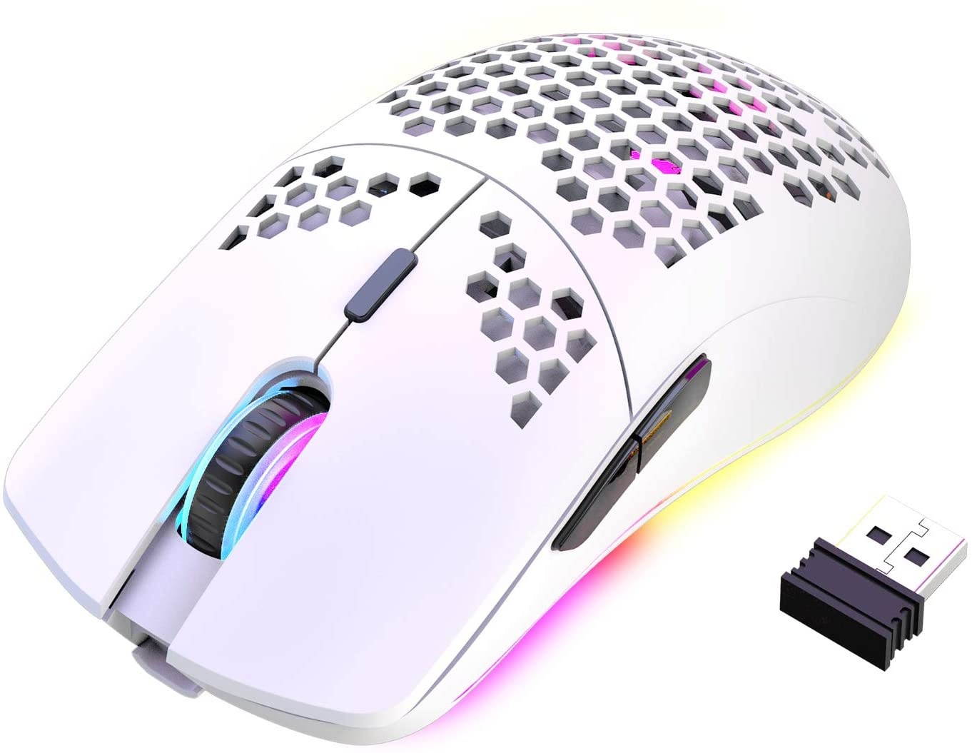 Wireless Gaming Mouse Lightweight Honeycomb Design 3200 DPI Rechargeable Gaming Mouse with 16 Rainbow Backlit, USB Receiver,Compatible with PC Gamers and Xbox and PS4 Users(White)