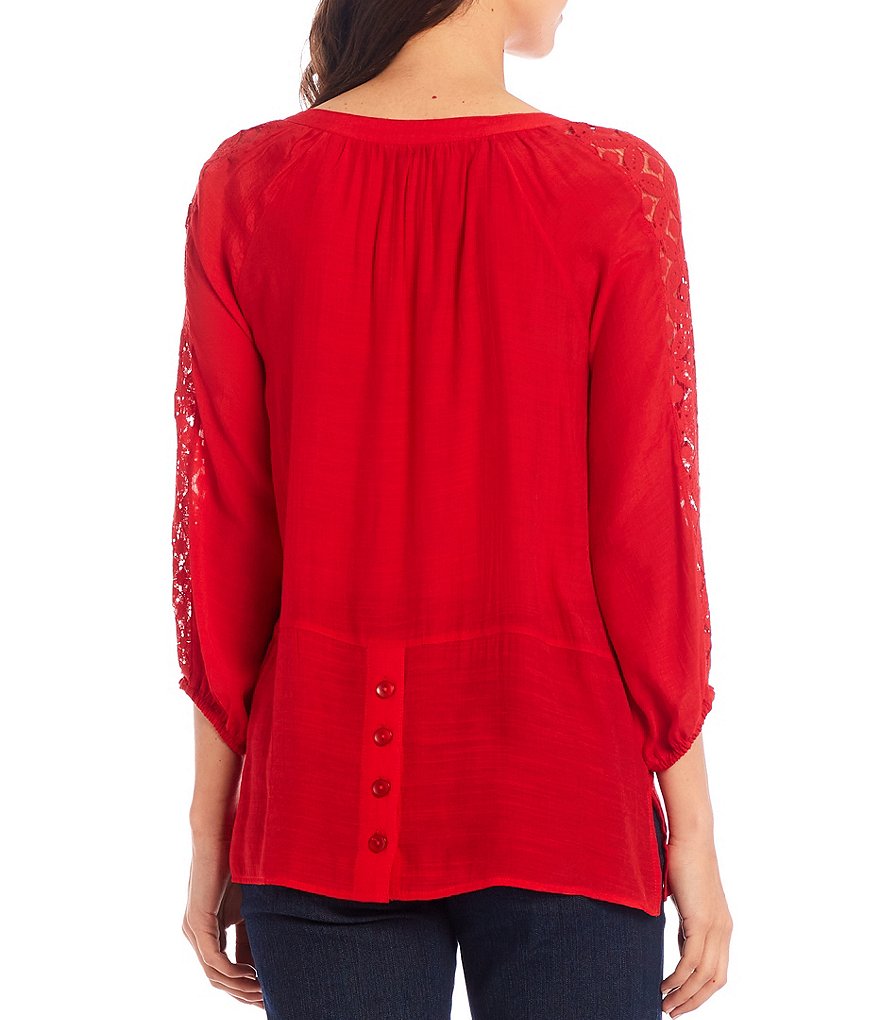 Multiples Slub Woven Band Collar Notch Neck Lace Trim 3/4 Sleeve Top