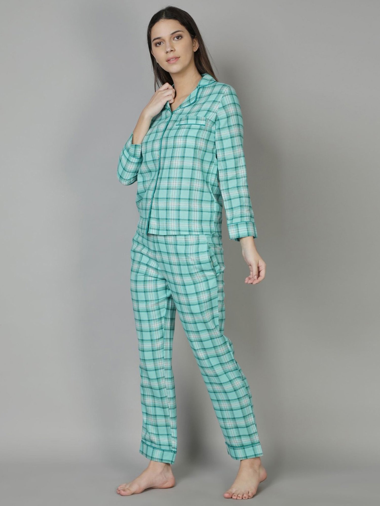 Dusk Attire Blue Green Checkered Pyjama Set