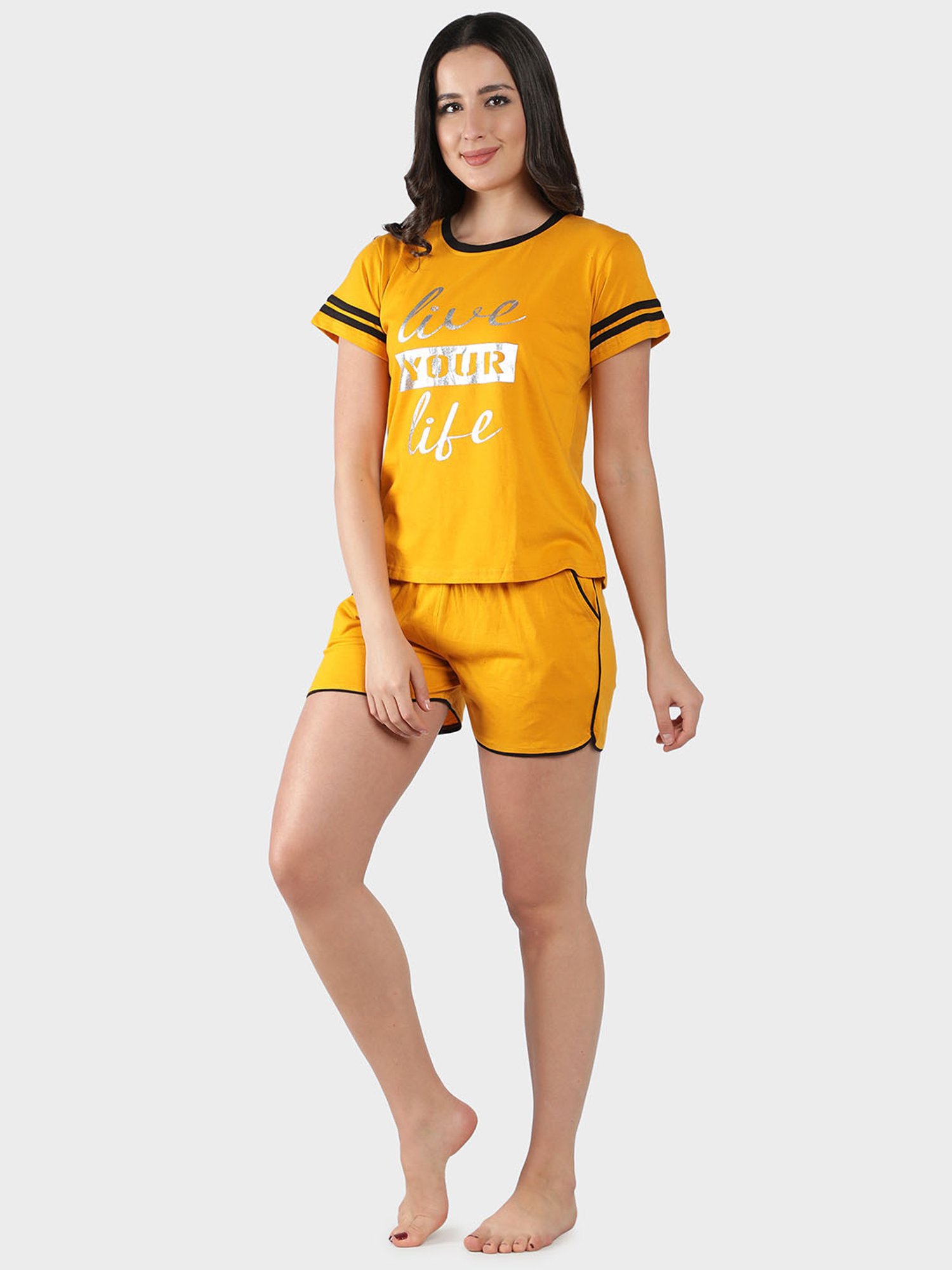 N-Gal Yellow Graphic Print T-Shirt with Shorts