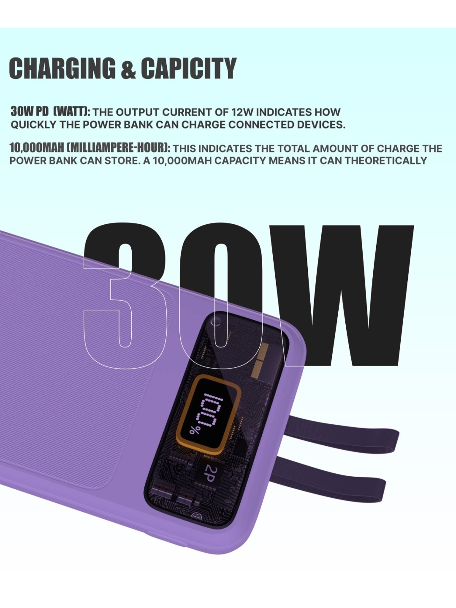 Onelife Power 11, 10000 mAh 30W Fast Charging Power Bank with PD3.0 30W for 2 USB-C Ports (Purple)