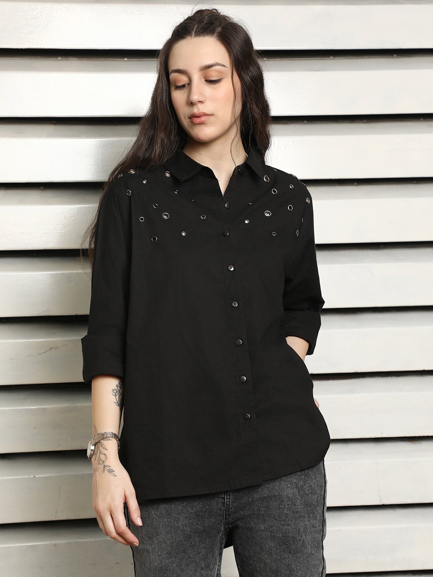 High Star Black Cotton Regular Fit Shirt