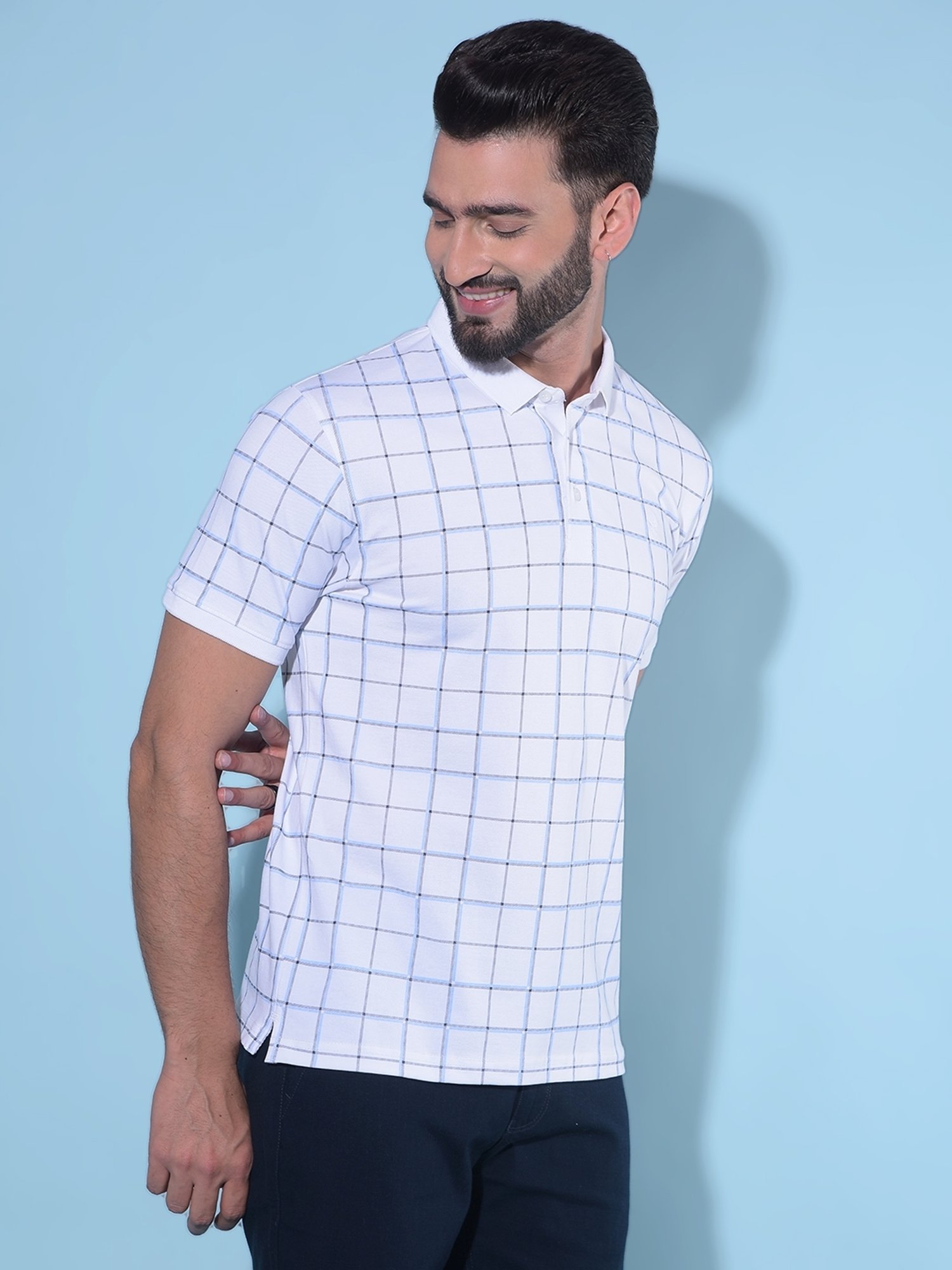 Crimsoune Club White Cotton Slim Fit Checks Polo T-Shirt