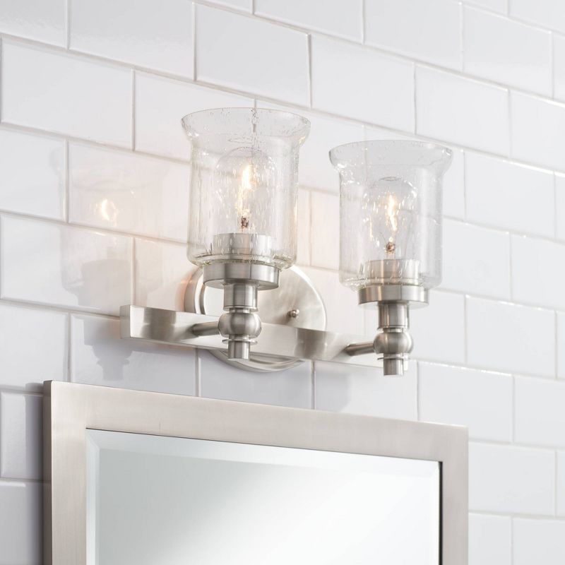 Regency Hill Modern Wall Light Satin Nickel Hardwired 14 1/2" Wide 2-Light Fixture Seeded Clear Glass for Bathroom Vanity Mirror