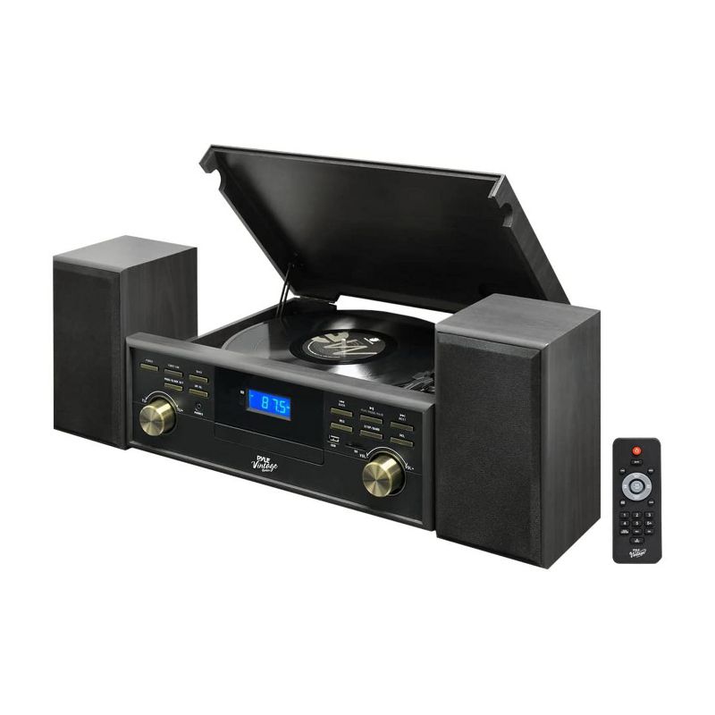 Pyle PPTCM80BTGR Vintage Retro Classic Style Bluetooth Turntable Speaker System with Vinyl to MP3 Recording, Radio, and 2 External Speakers, Black