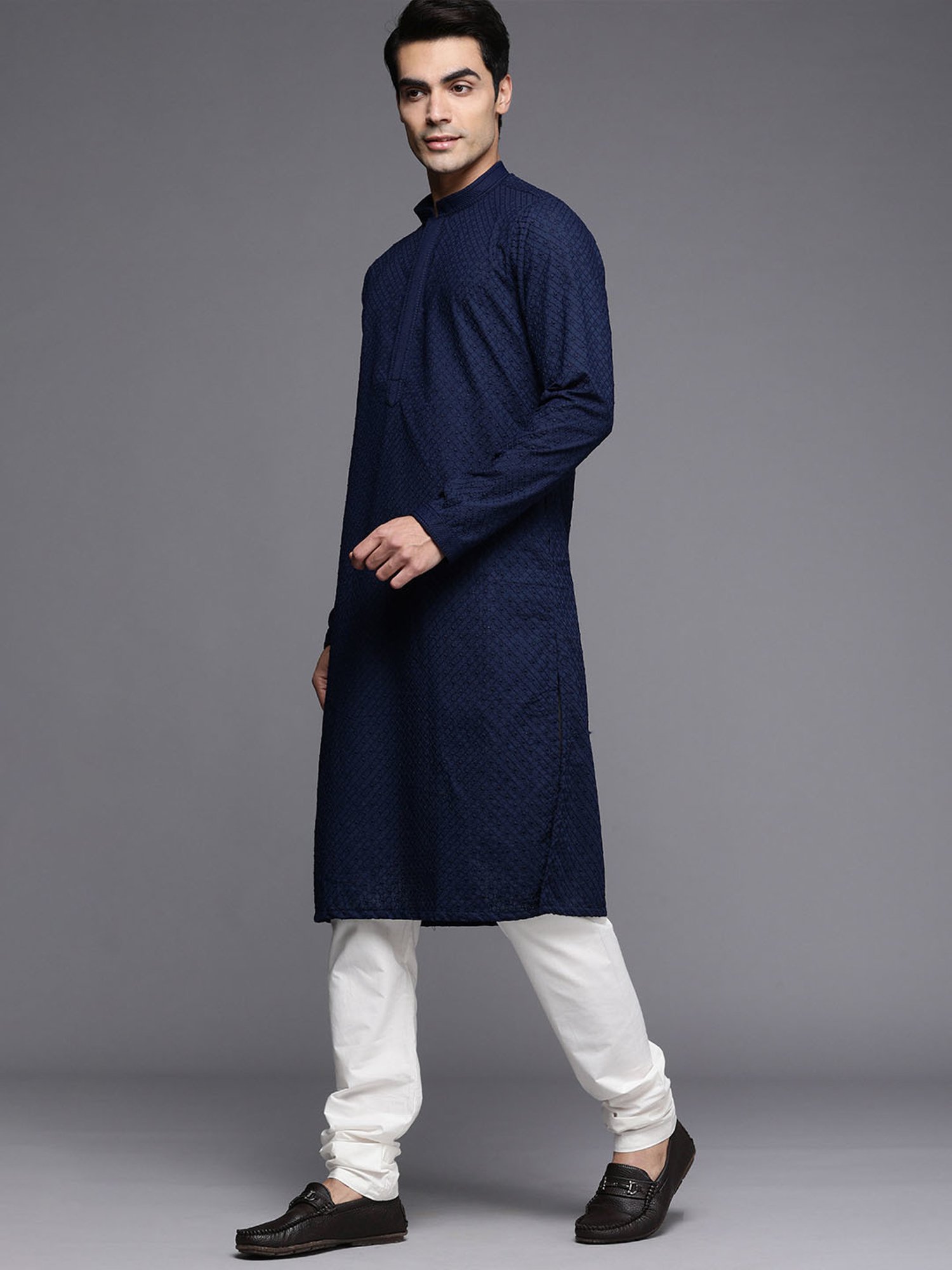 Manyavar Blue & White Regular Fit Self Design Kurta & Pyjamas Set