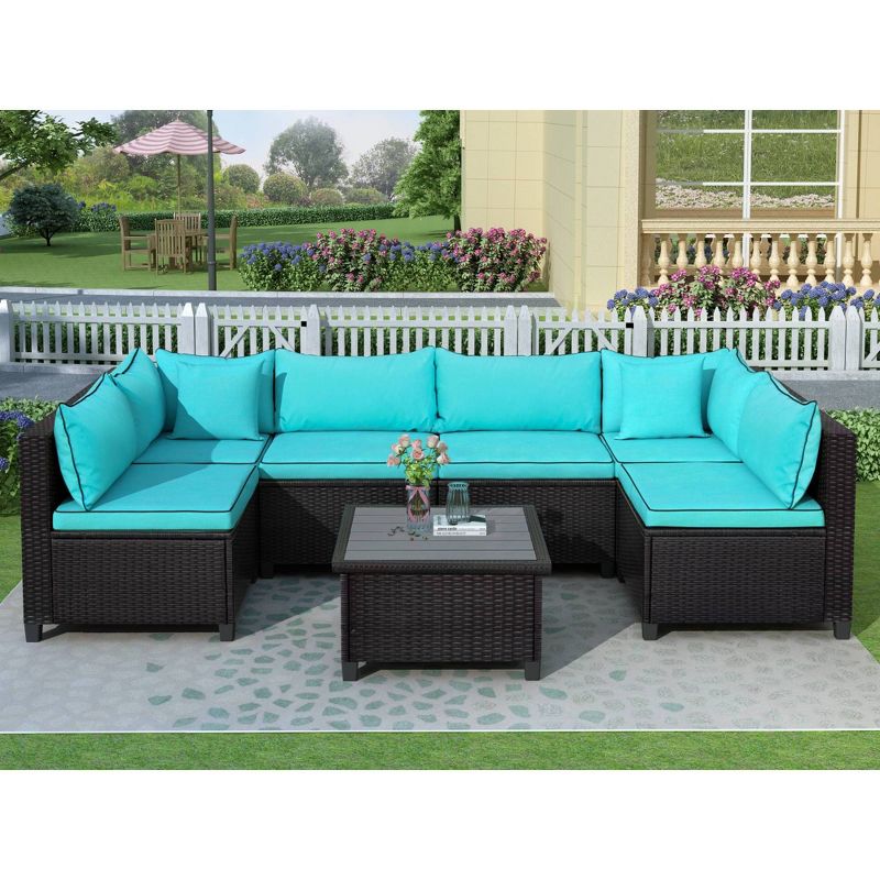 7pc Patio Rattan Wicker U-Shaped Sectional with Cushions & Pillows - Black - Art Leon