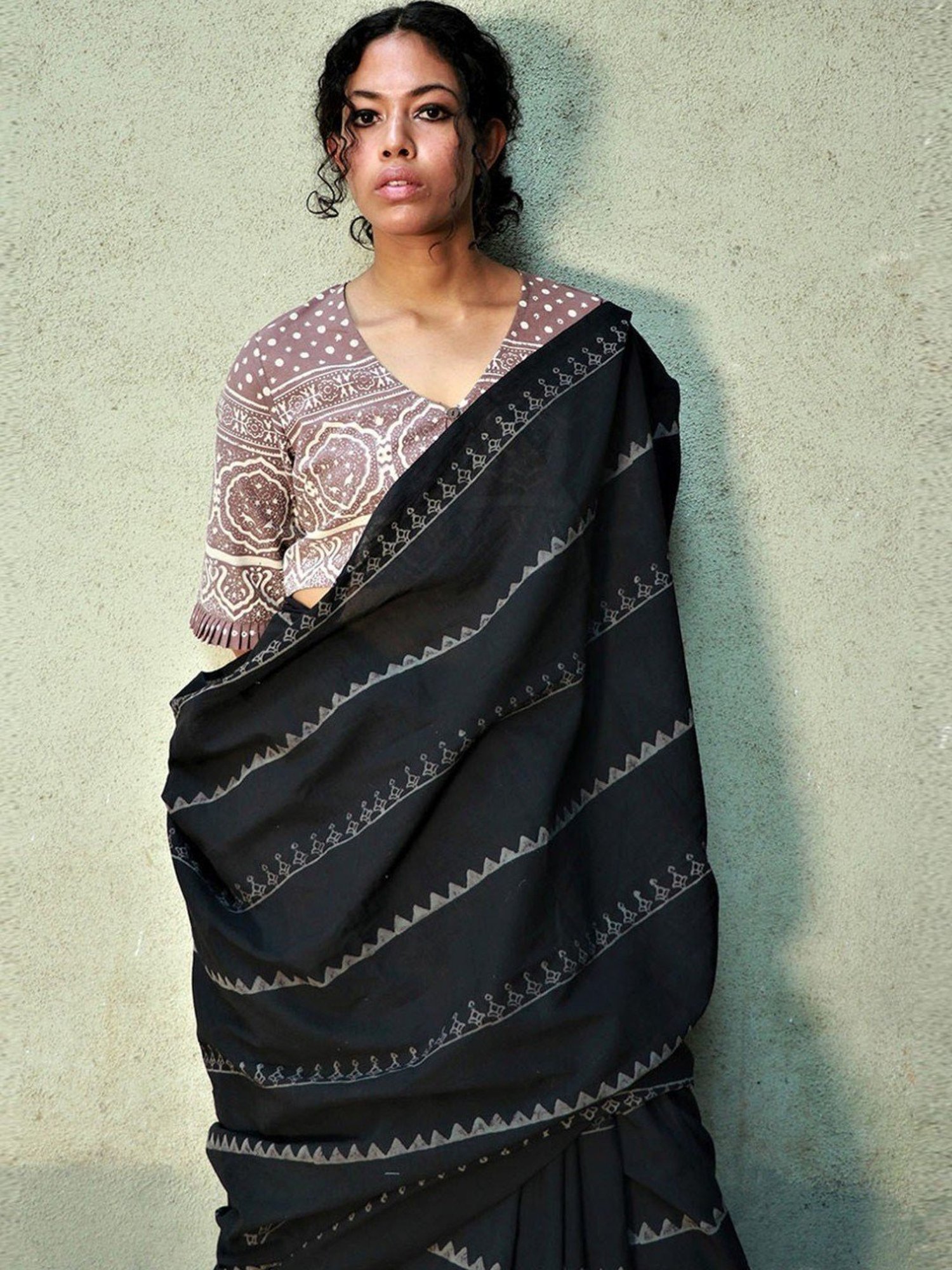 Chidiyaa Black Fly Me to the Moon Matilda Hand Blockprinted Cotton Saree