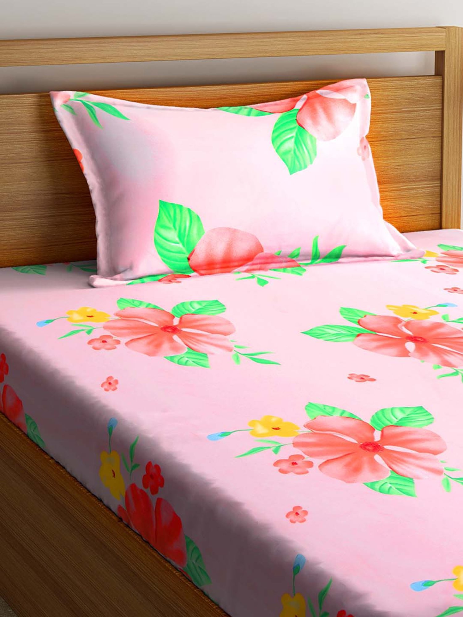 Klotthe Floral Pink & Green 210 TC Cotton Blend Single Bedsheet with 1 Pillow Cover