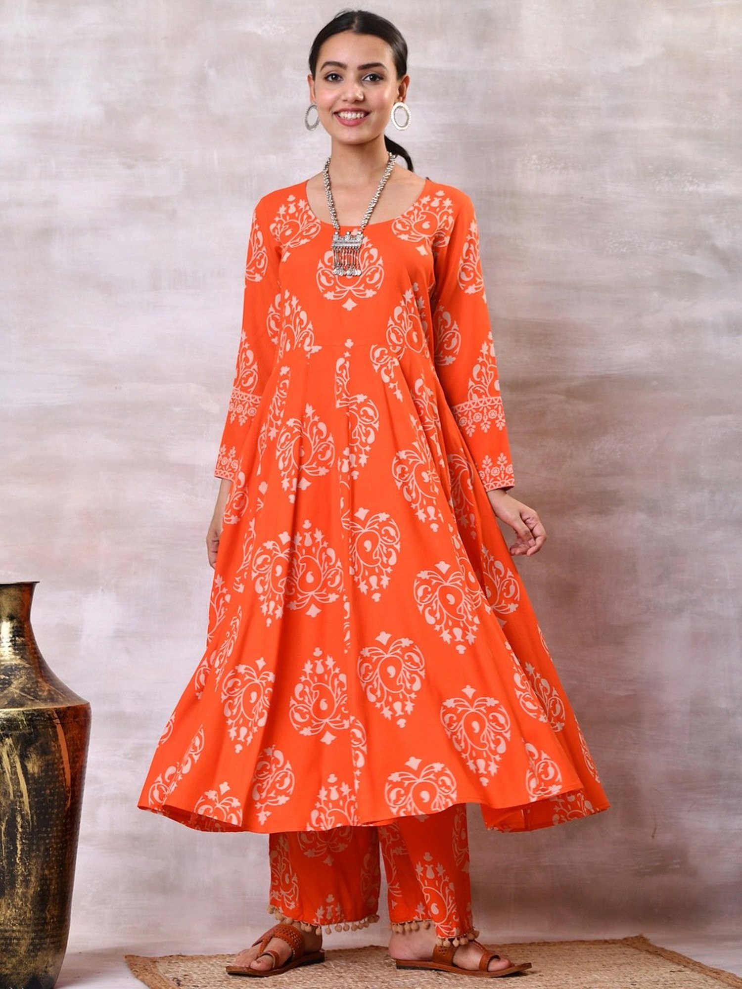 Rustorange Orange Printed Kurta Pant Set With Dupatta