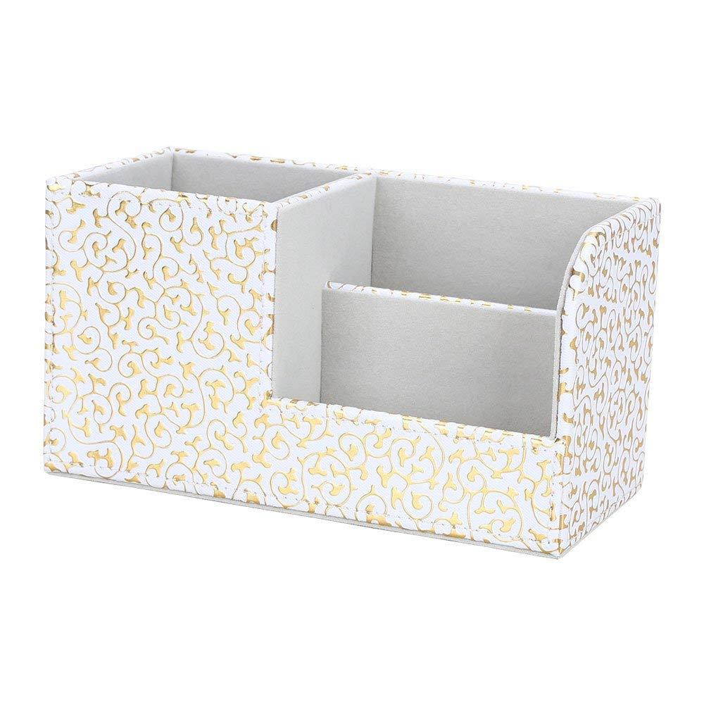 KINGFOM Leatherette Desk Organizer Pen/Pencil/ Remote Control/Cell Phones/Brushes Holder Office Container Storage Box (S-Gold&White)
