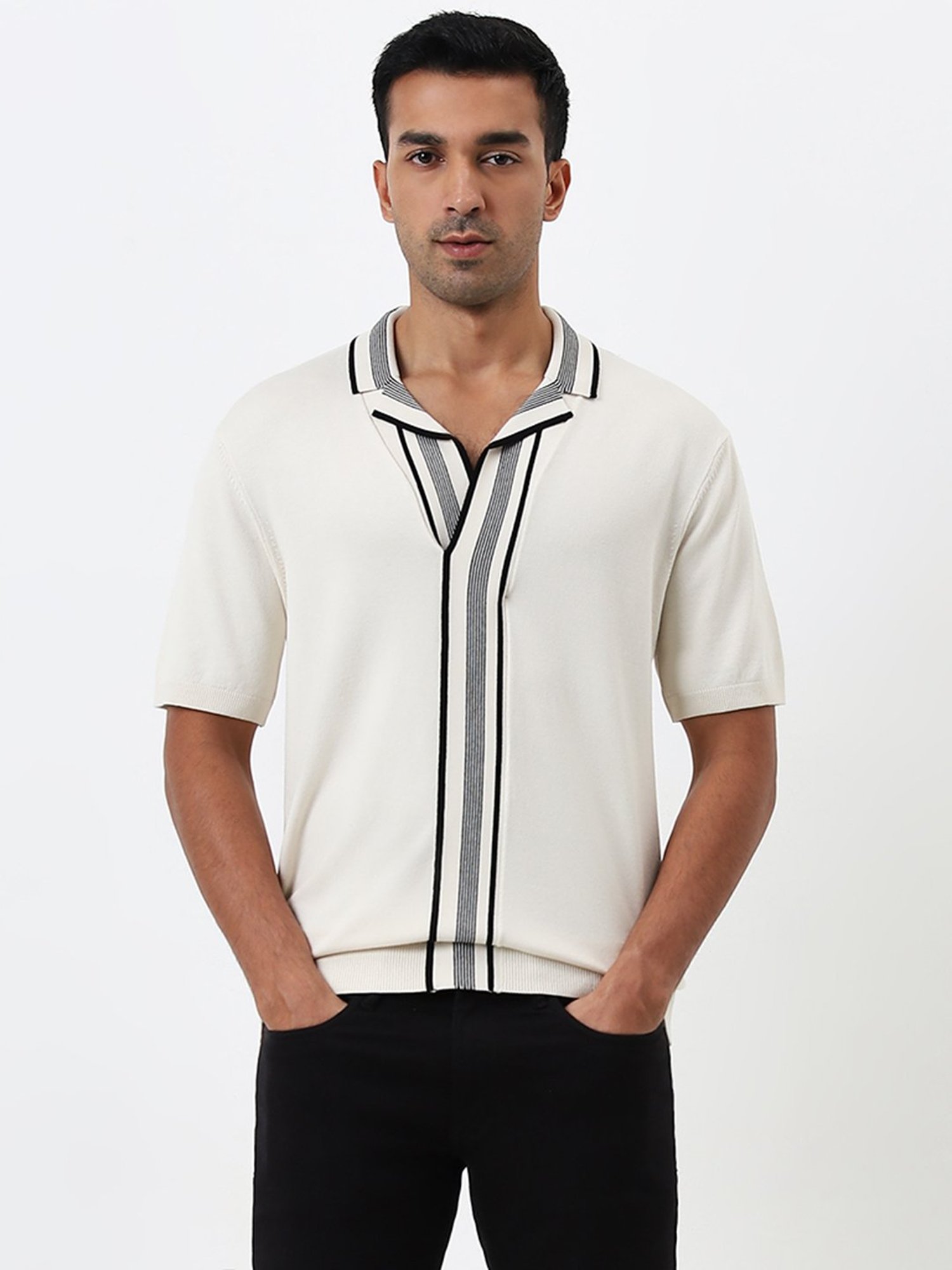 Ascot by Westside Off-White Stripe Printed Relaxed Fit T-Shirt