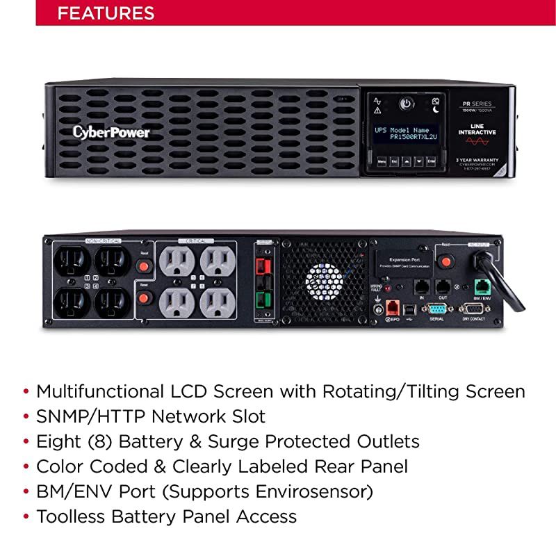 PR1500RTXL2U Smart App Sinewave UPS System, 1500VA/1500W, 8 Outlets, 2U Rack/Tower, AVR, EBM Option