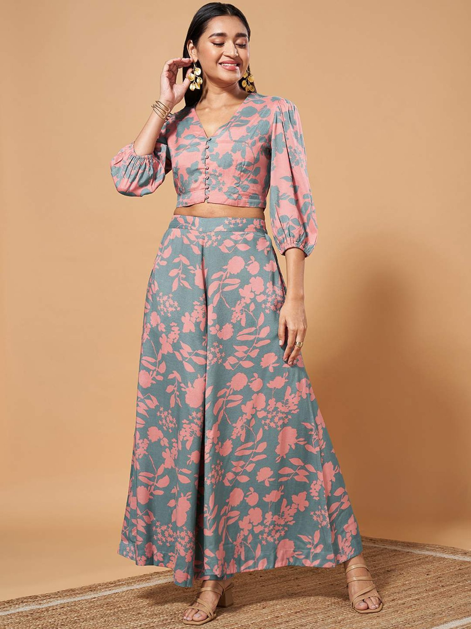 Marigold Lane Blue Printed Crop Top Palazzo Set