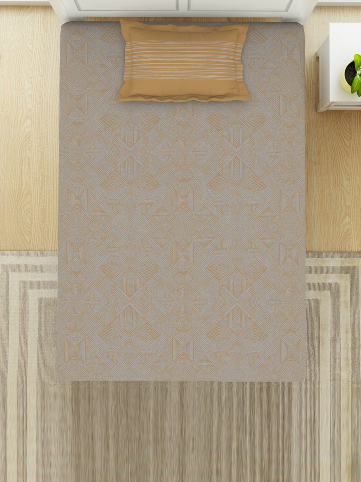 Spaces Geospace Geometric Grey 144 TC Cotton Single Bedsheet With Pillow Cover