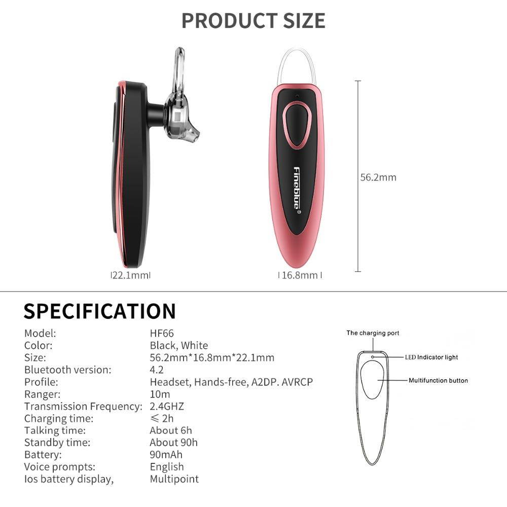 Fineblue HF-66 Mini headphones bluetooth wireless business earphone hands free with Mic Sport stereo earbuds for mobile phone (White)