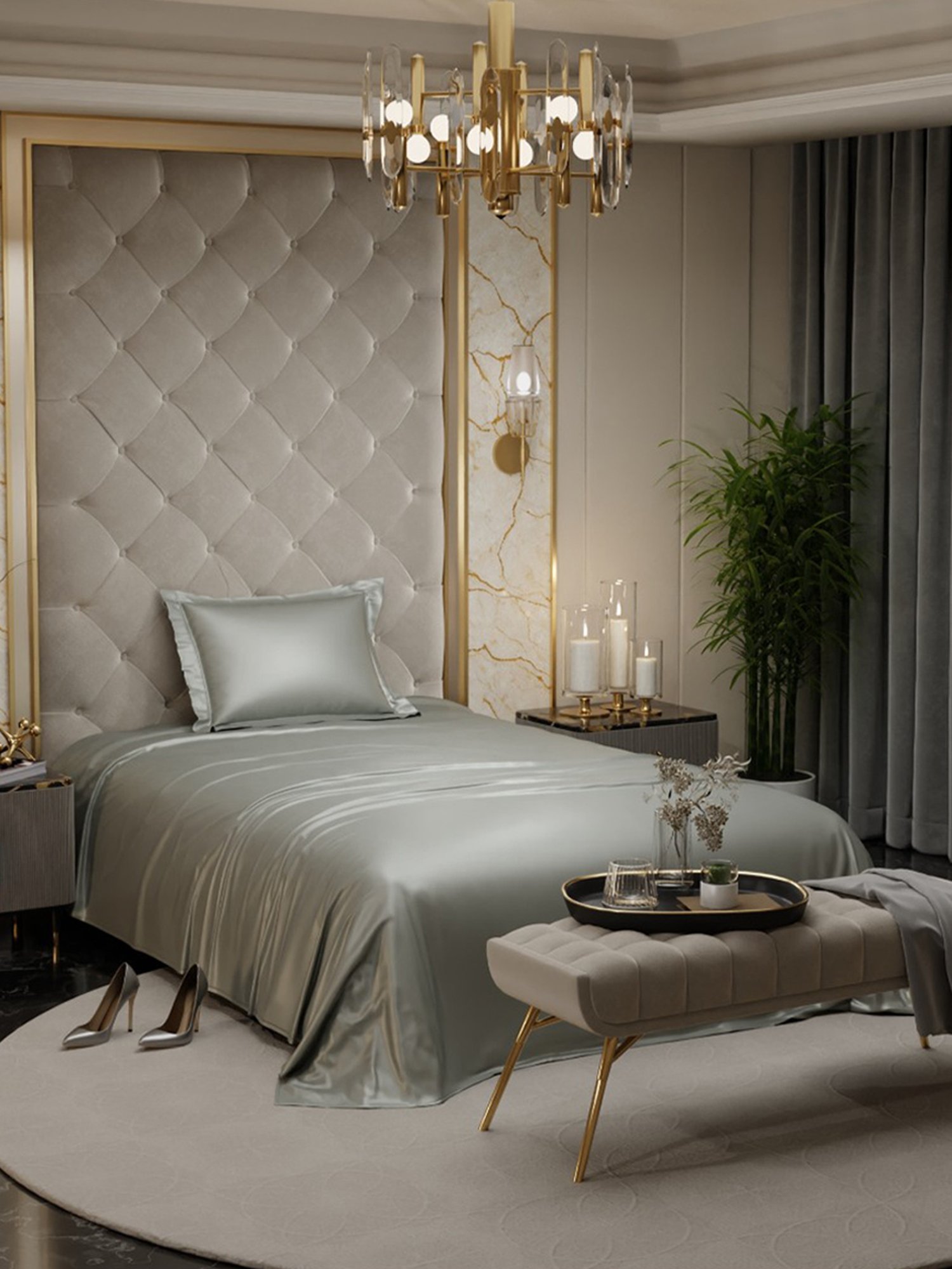 Stoa Paris Date Night Silver Polyester 300 TC Single Bedsheet with 1 Pillow Cover