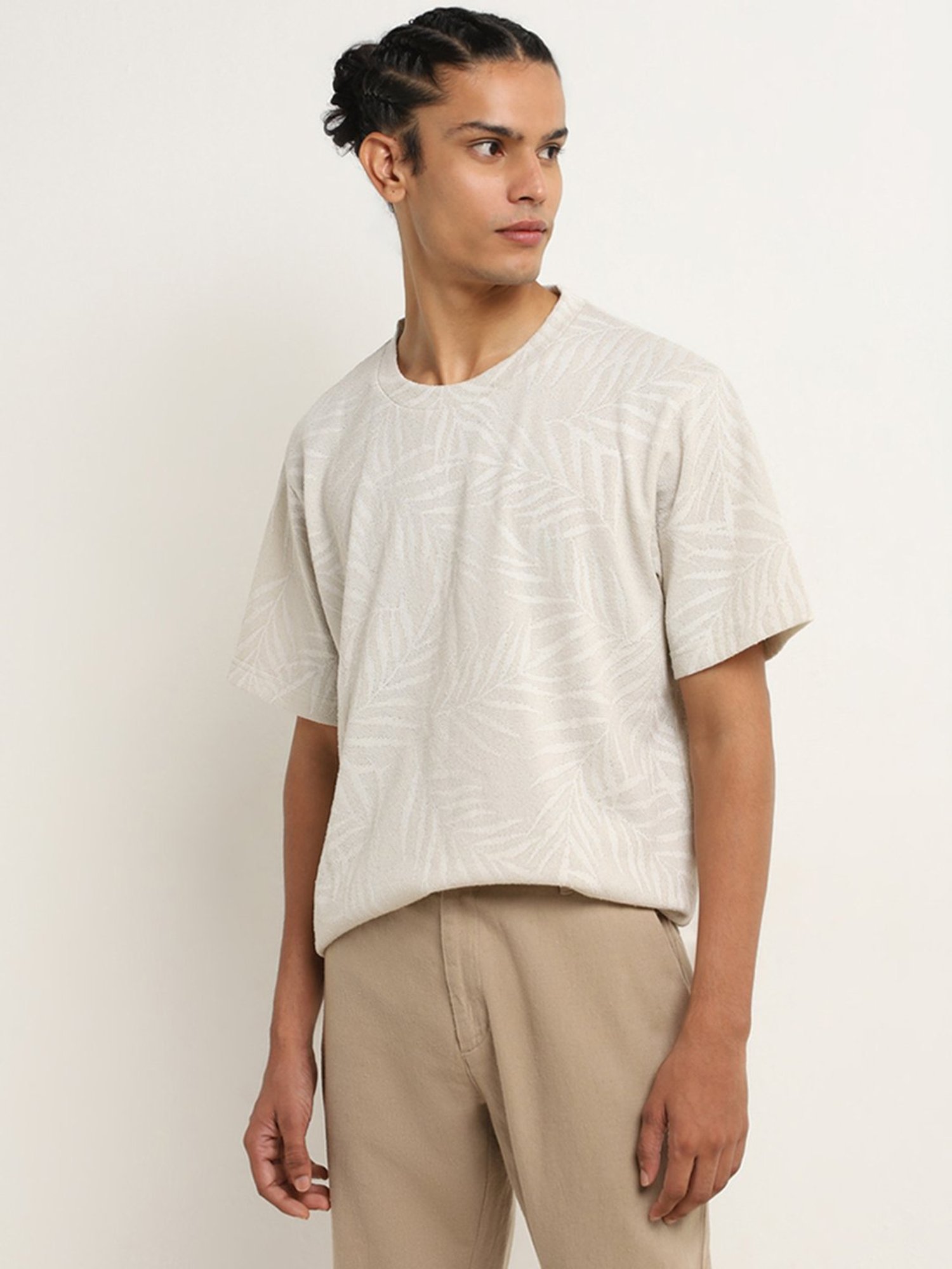 ETA by Westside Beige Leaf Design Relaxed-Fit T-Shirt