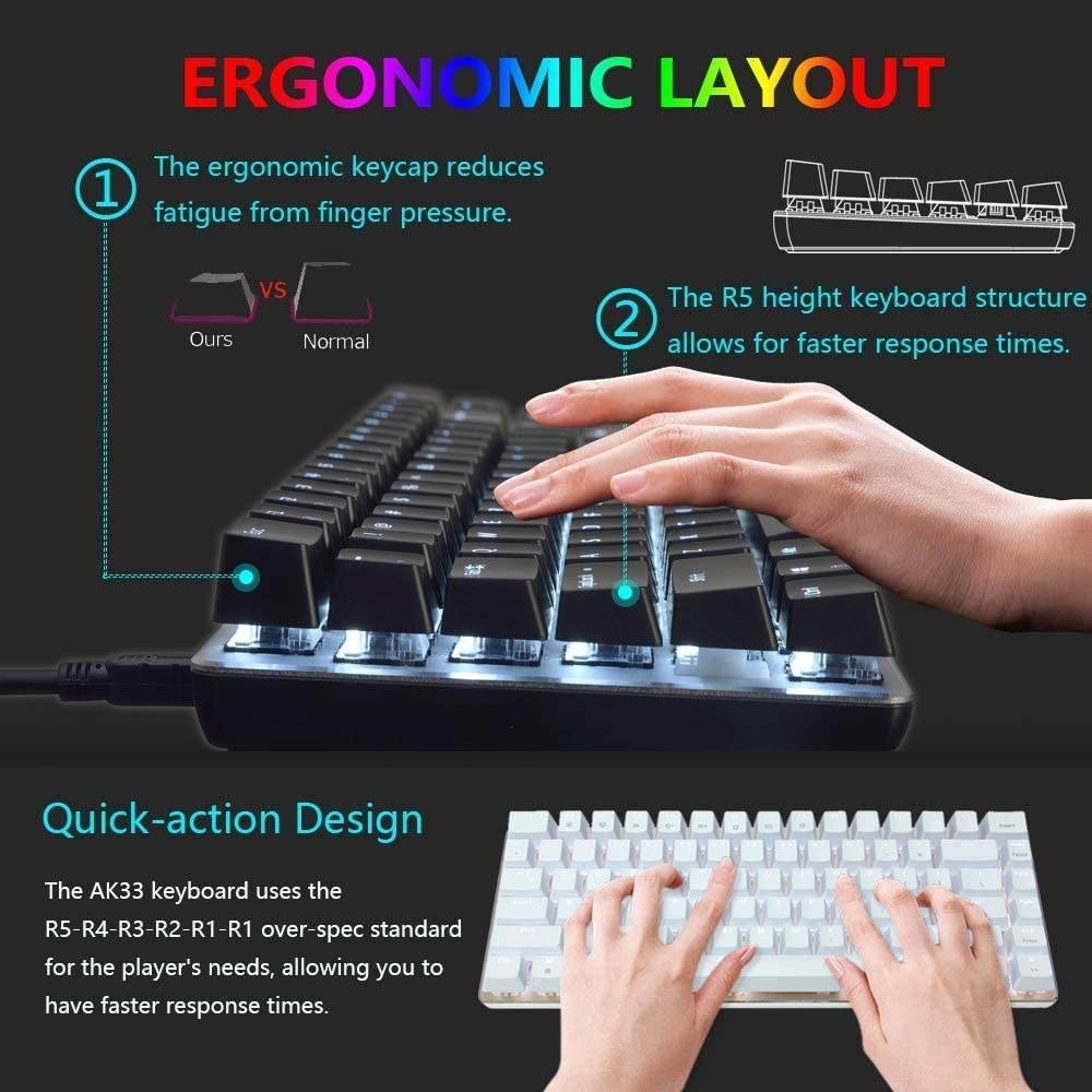 AK33 Wired Mechanical Gaming Keyboard, Rainbow LED Backlit USB Wired 82 Keys E-Sport Gamer Computer Keypad with Anti-ghosting Keys for Playing Games and Office Typists