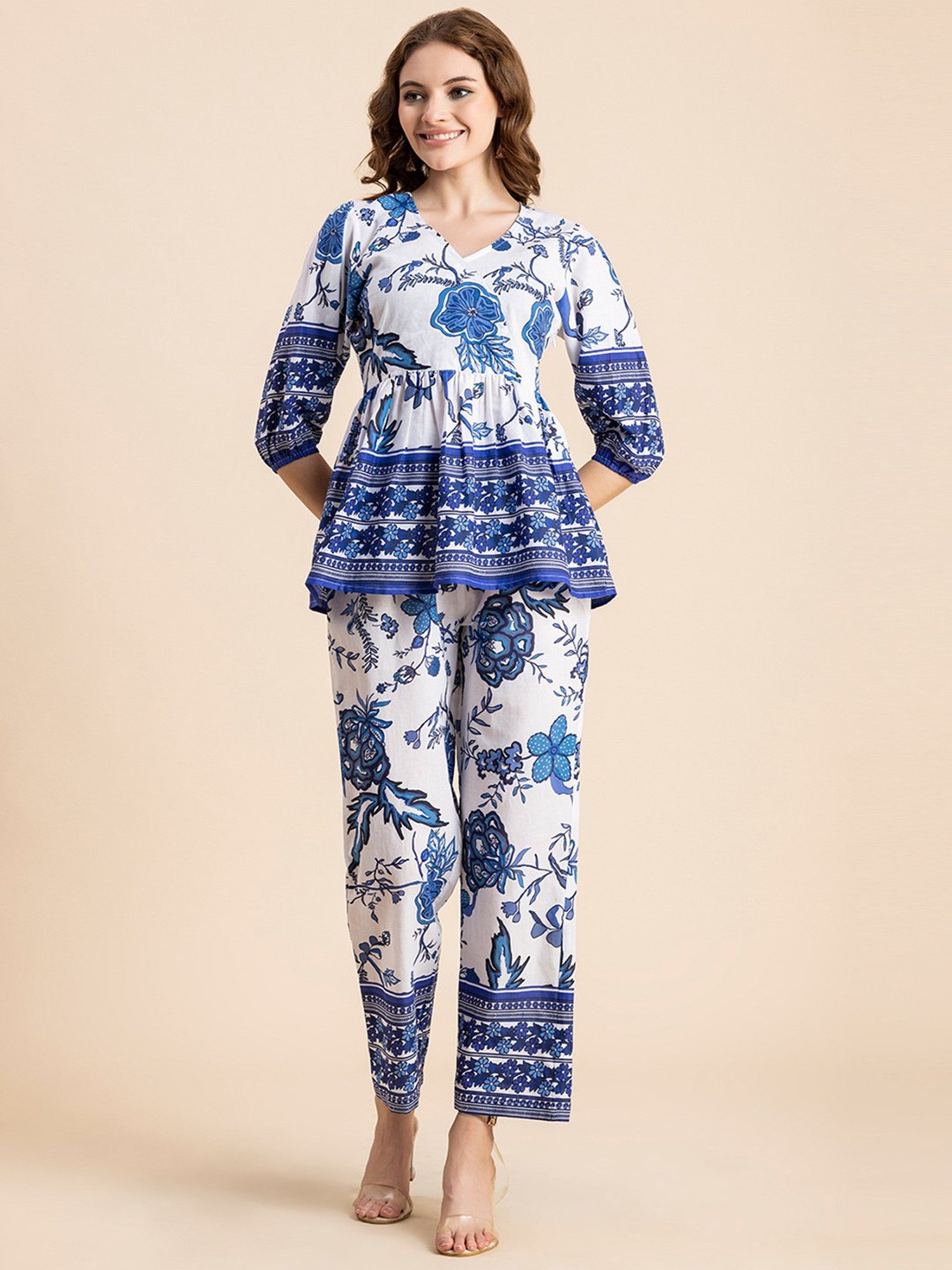 Moomaya White & Blue Cotton Floral Print Top With Pants