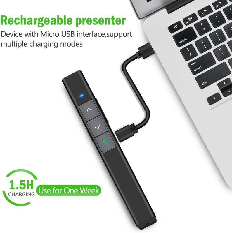 DinoFire Presentation Powerpoint Clicker Wireless Presenter Rechargeable Green Light USB Remote Control Hyperlink Volume Control Slide Advancer 2.4GHz with Case