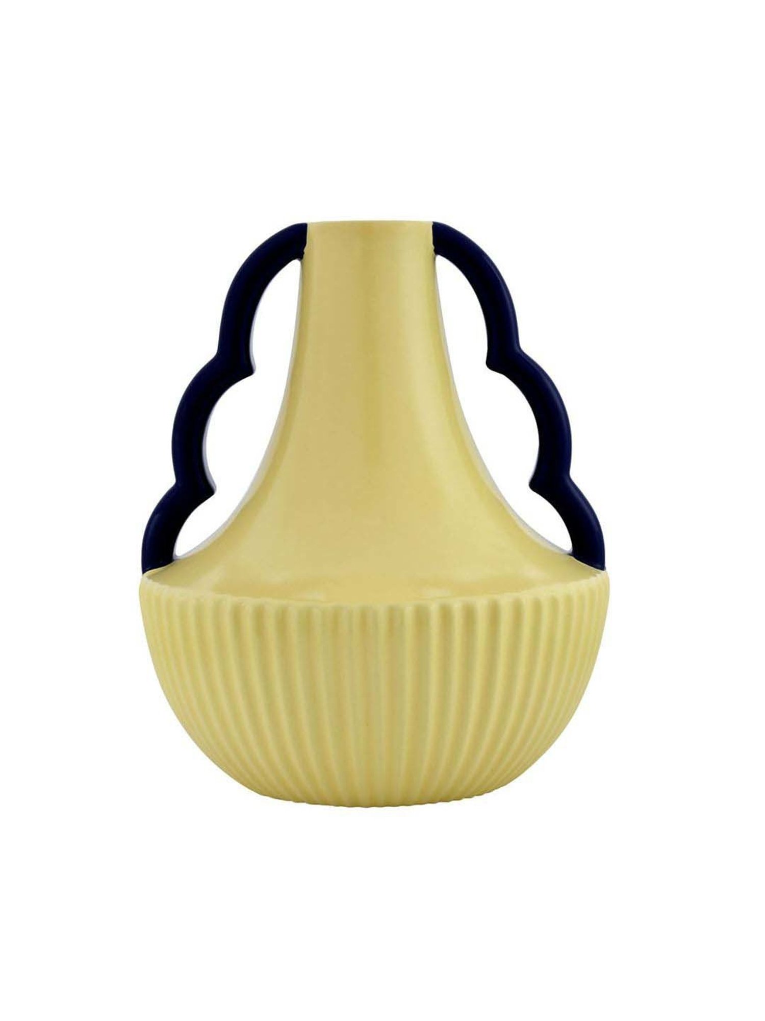 @home Cream & Blue Dolomite Decorative Semi Fluted Design Vase With 2 Handles