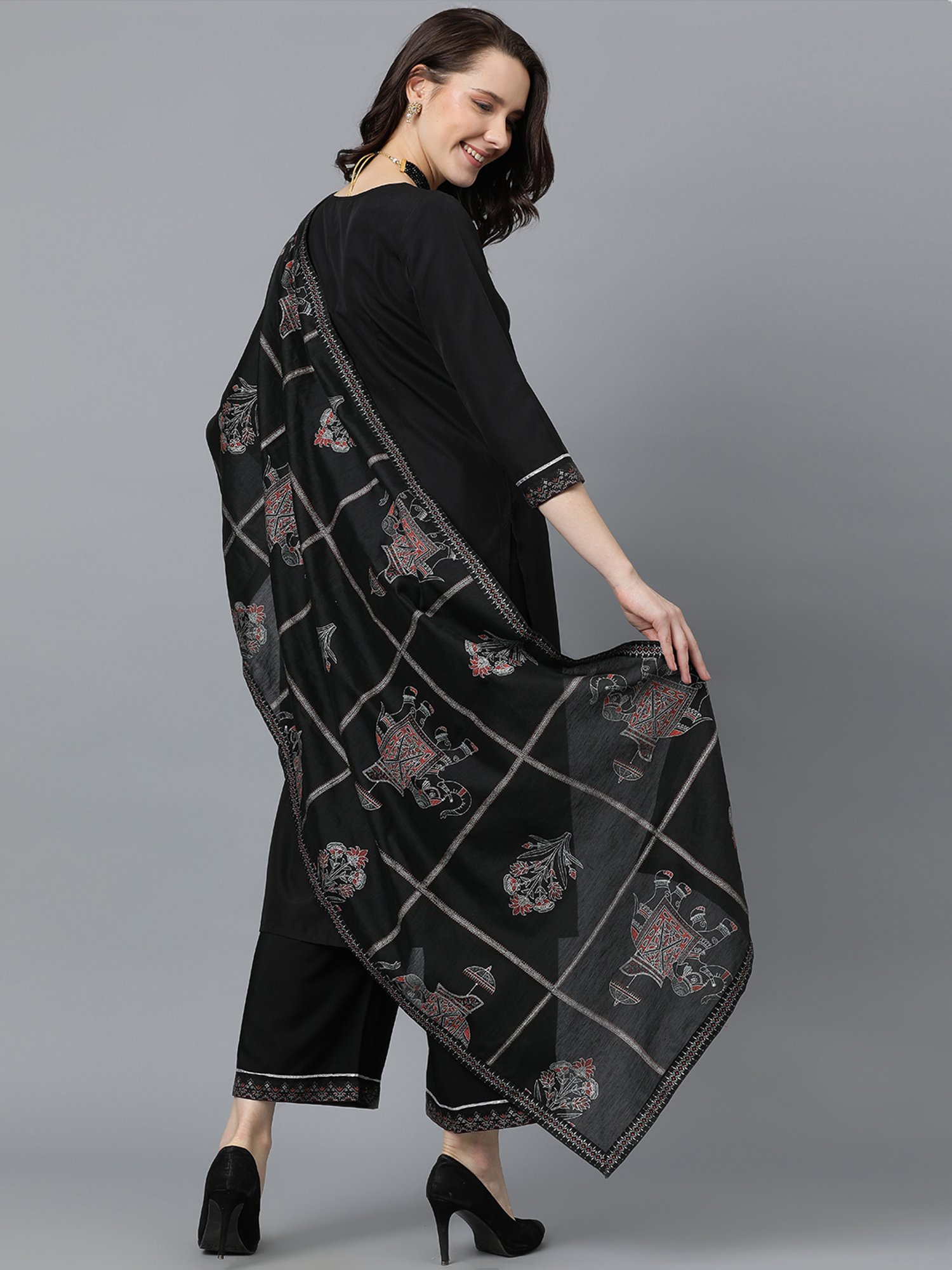 Ziyaa Black Printed Kurta With Palazzo & Dupatta