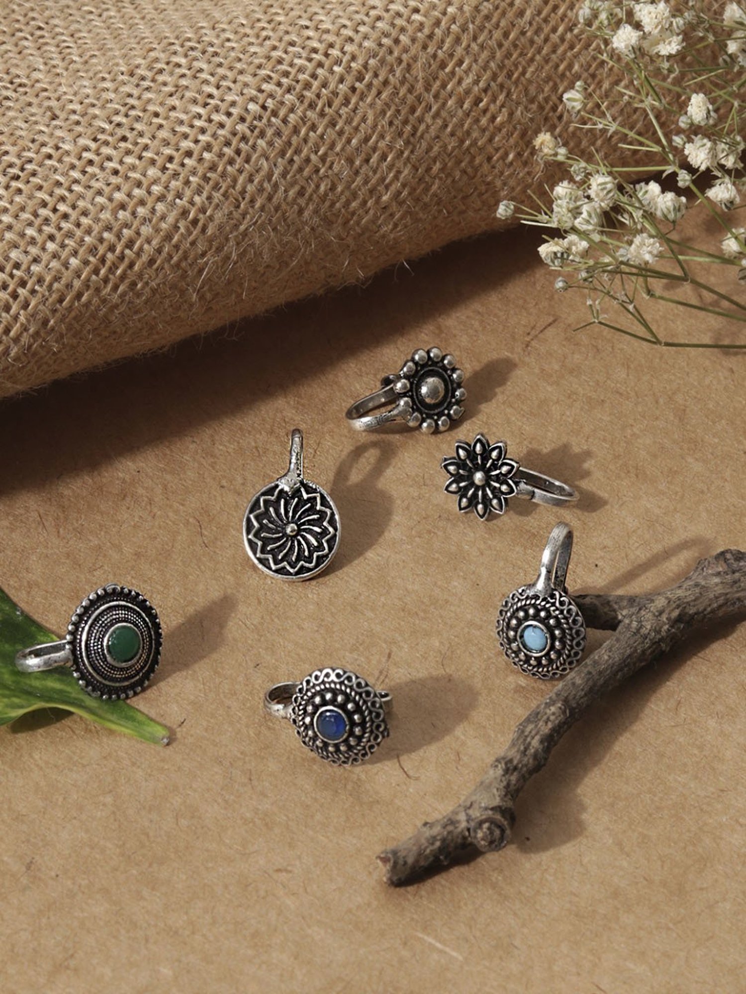 Fida Stones Silver-Plated Oxidised Floral Tribal Nosepins for Women - Set of 6