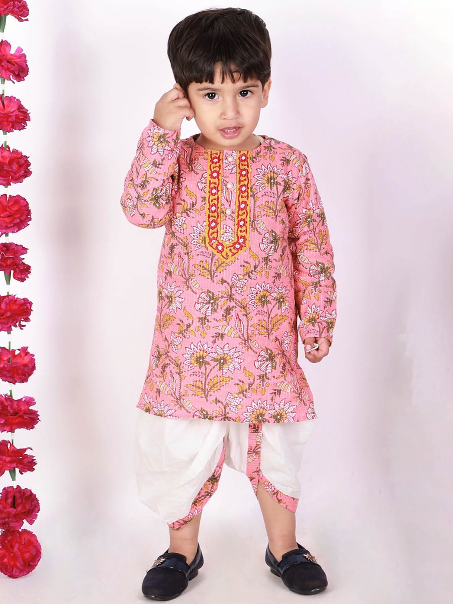 Little Bansi Kids Pink & White Embroidered Kurta with Dhotis