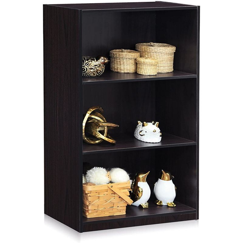 Furinno Basic Simple Sleek Wooden 3 Tier Open Bookcase Display Storage Shelf for Home Rooms and Office Organization, Dark Walnut
