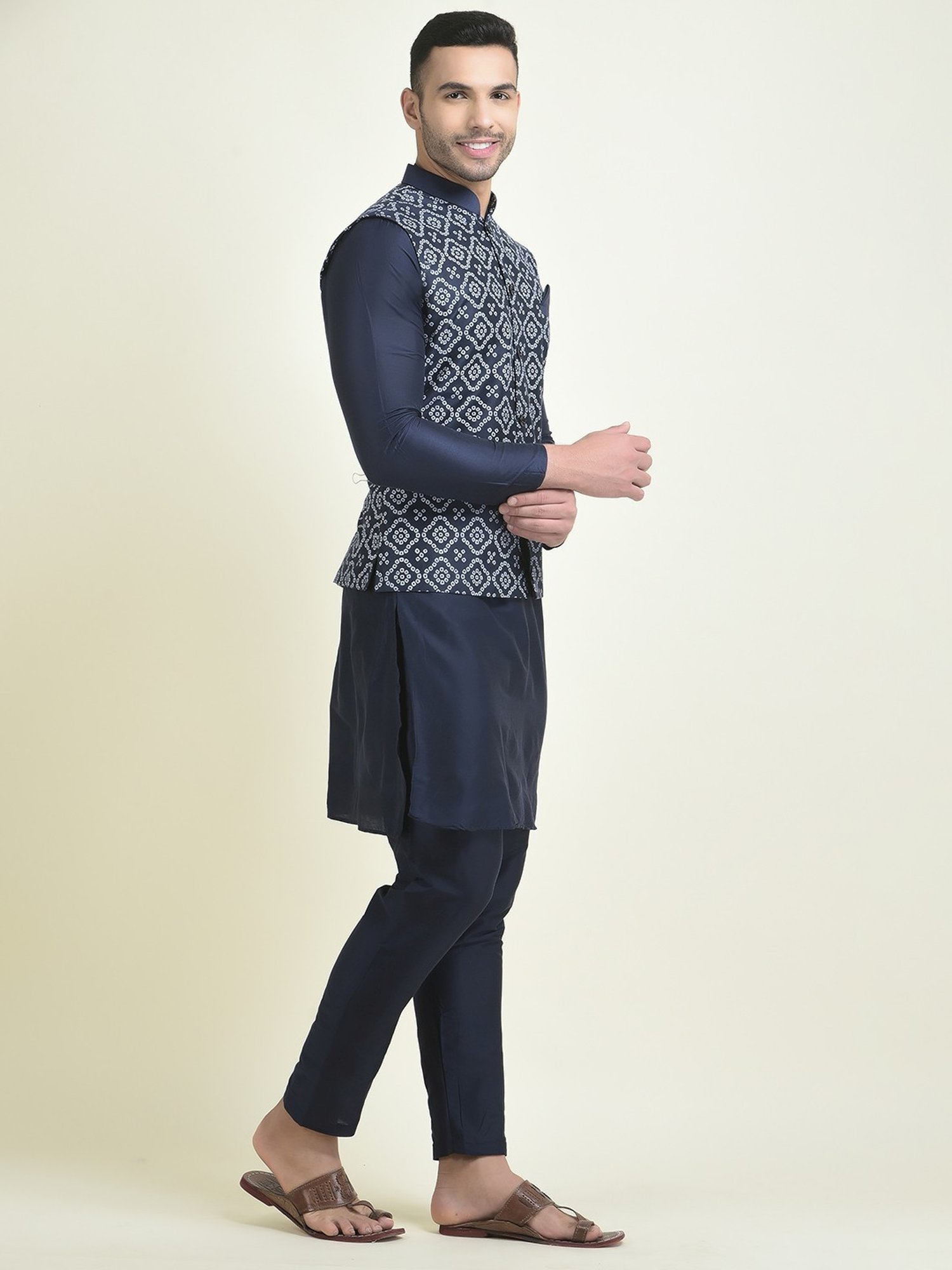 Deyann Navy Blue Regular Fit Printed Kurta Set With Jacket
