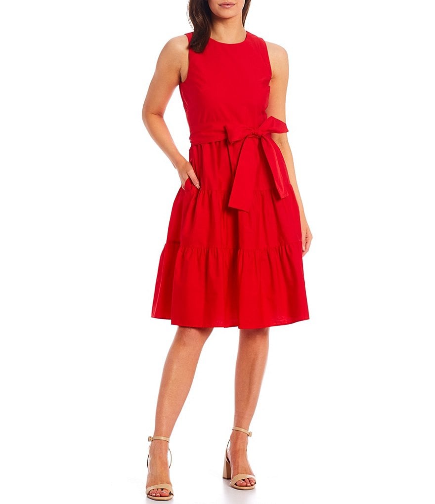 Jessica Howard Sleeveless Poplin Belted Tiered Dress