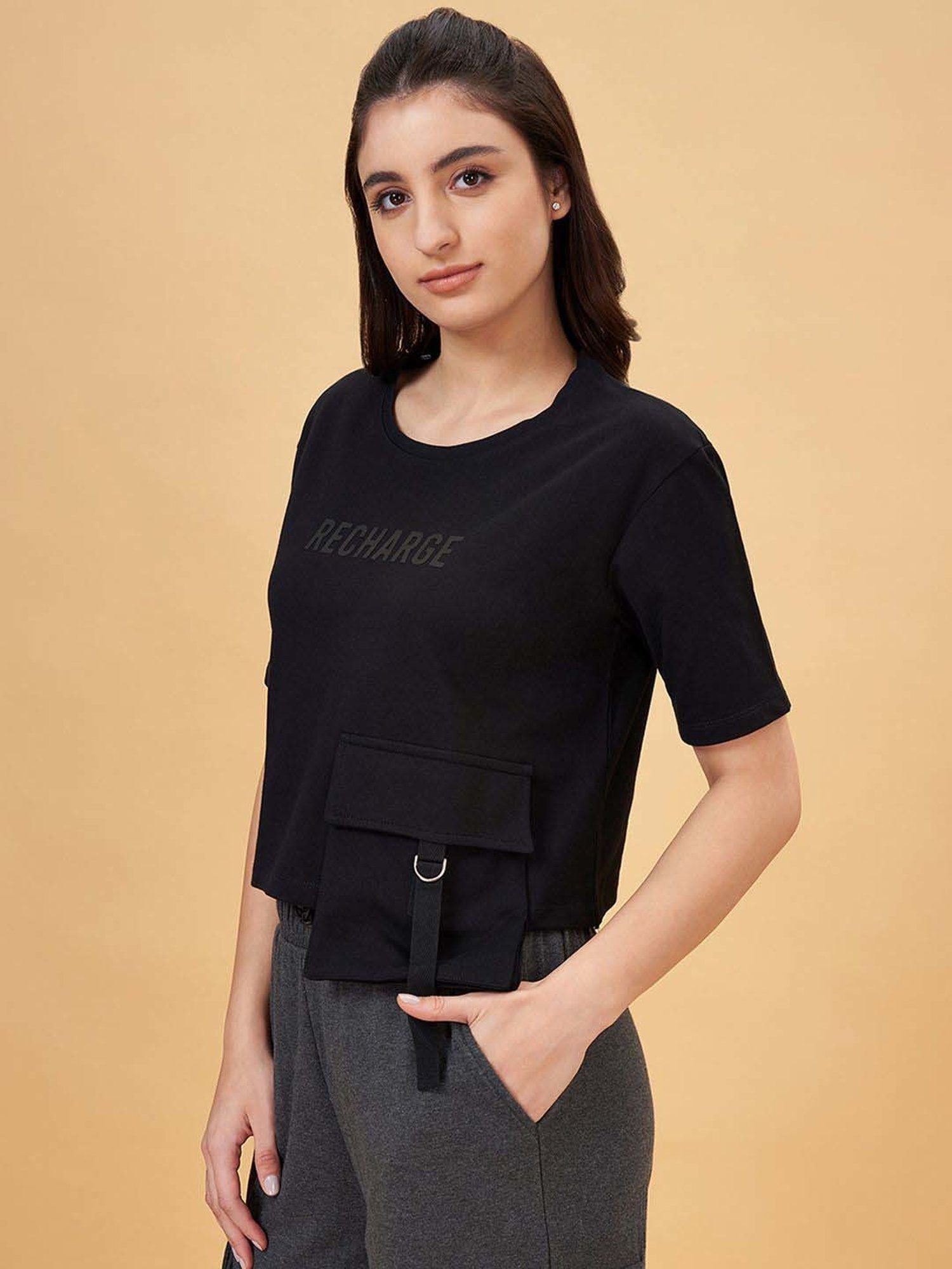 Ajile by Pantaloons Jet Black Cotton Printed T-Shirt