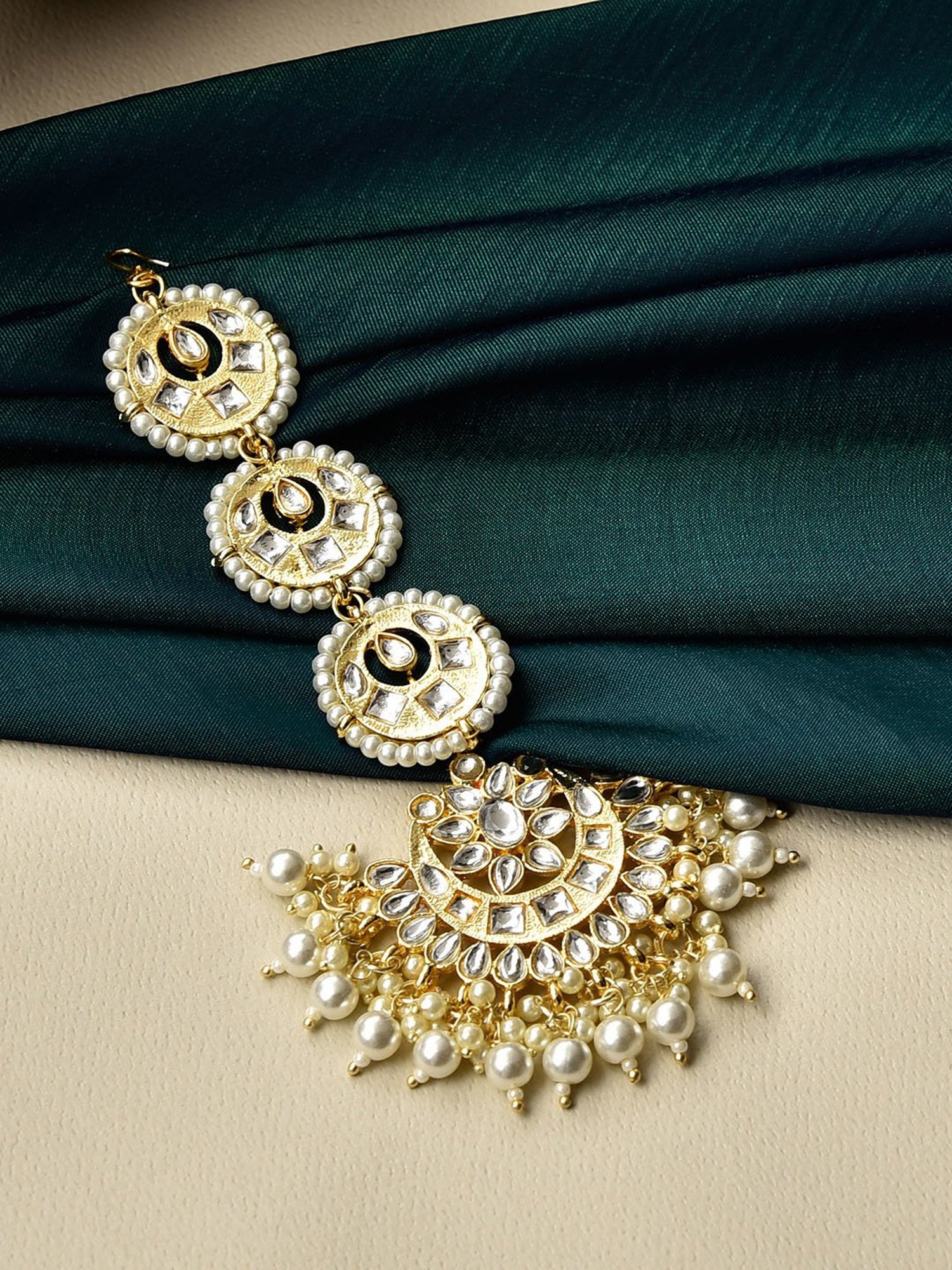 Fida White Pearls Beads Kundan Gold-Plated Crescent Maangtikka for Women