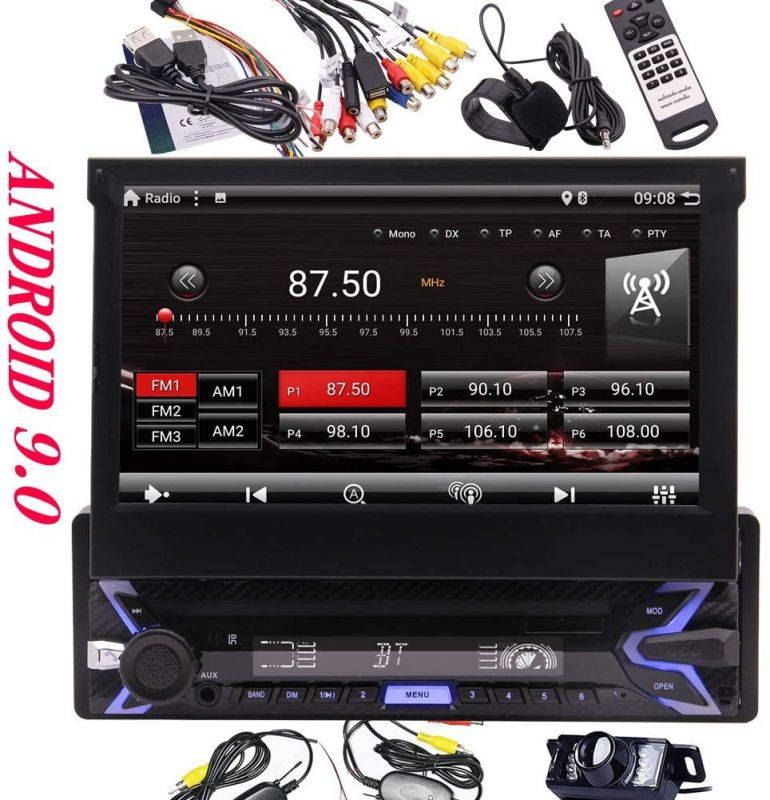 Single 1 Din Car Stereo 7 Inch Touch Screen Android 9.0 Car Radio Bluetooth GPS Navigation Head Unit Support WiFi/Mirror Link/USB/SD/AM/FM Receiver External MIC Remote with Wireless Backup Camera