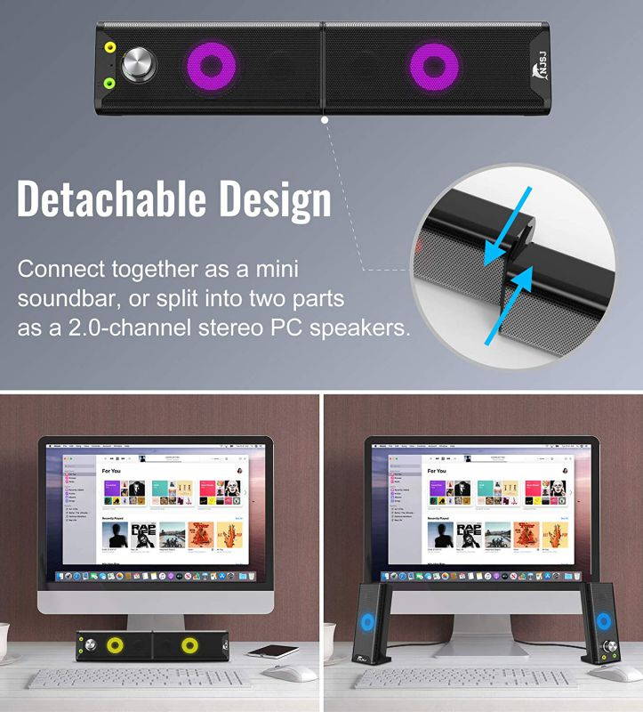 Computer Speakers Detachable 2 in1 PC Gaming Speaker with Stereo Sound 7 Colors Backlit Headphone & Mic Jack,USB Powered 3.5mm Audio Input Mini Soundbar for Tablets Desktop Laptop Cellphone