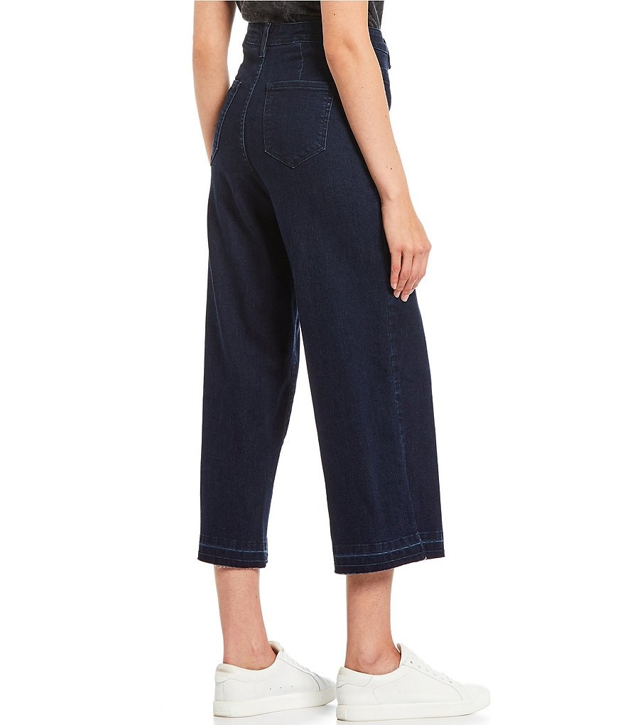 Frayed High Rise Button Front Wide Leg Cropped Jeans