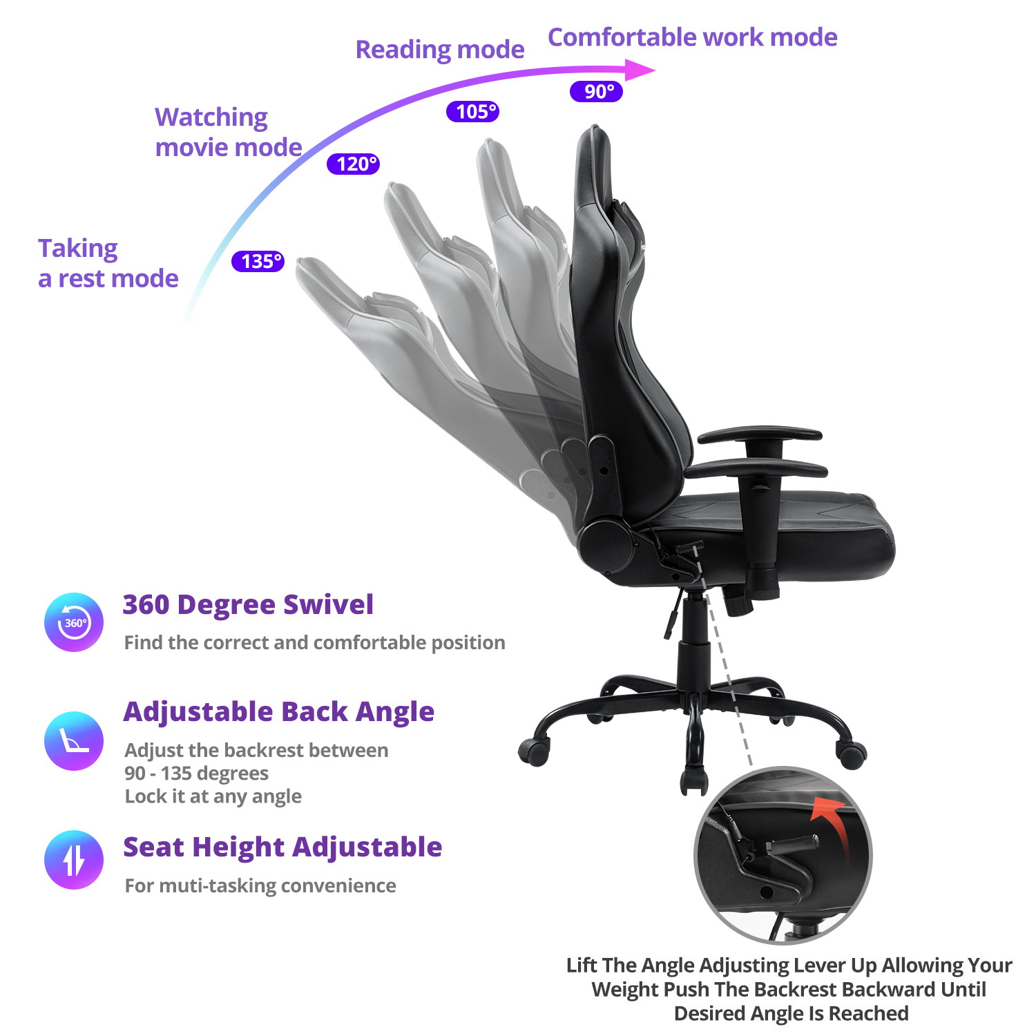 Gaming Chair, Racing Style Computer Desk Chair Padded Armrests Ergonomic Lumbar Support Adjustable Height