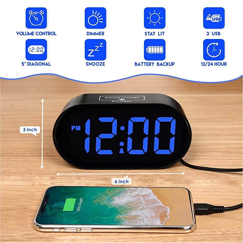 Digital LED Alarm Clock with Dimmer and Snooze 2 Level Alarm Volume Optional Large Blue Digit Display Bedside Clocks with USB Port Phone Charger Simple Operation Blue
