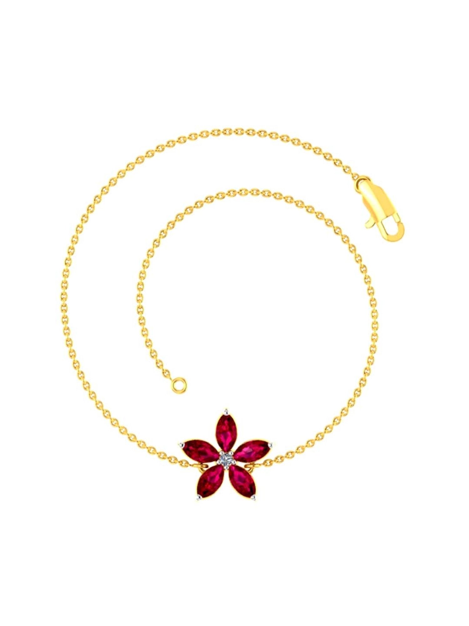 P.C Chandra Jewellers Designer 18k Yellow Gold and Diamond with Red Gemstone Flower Motif Bracelet