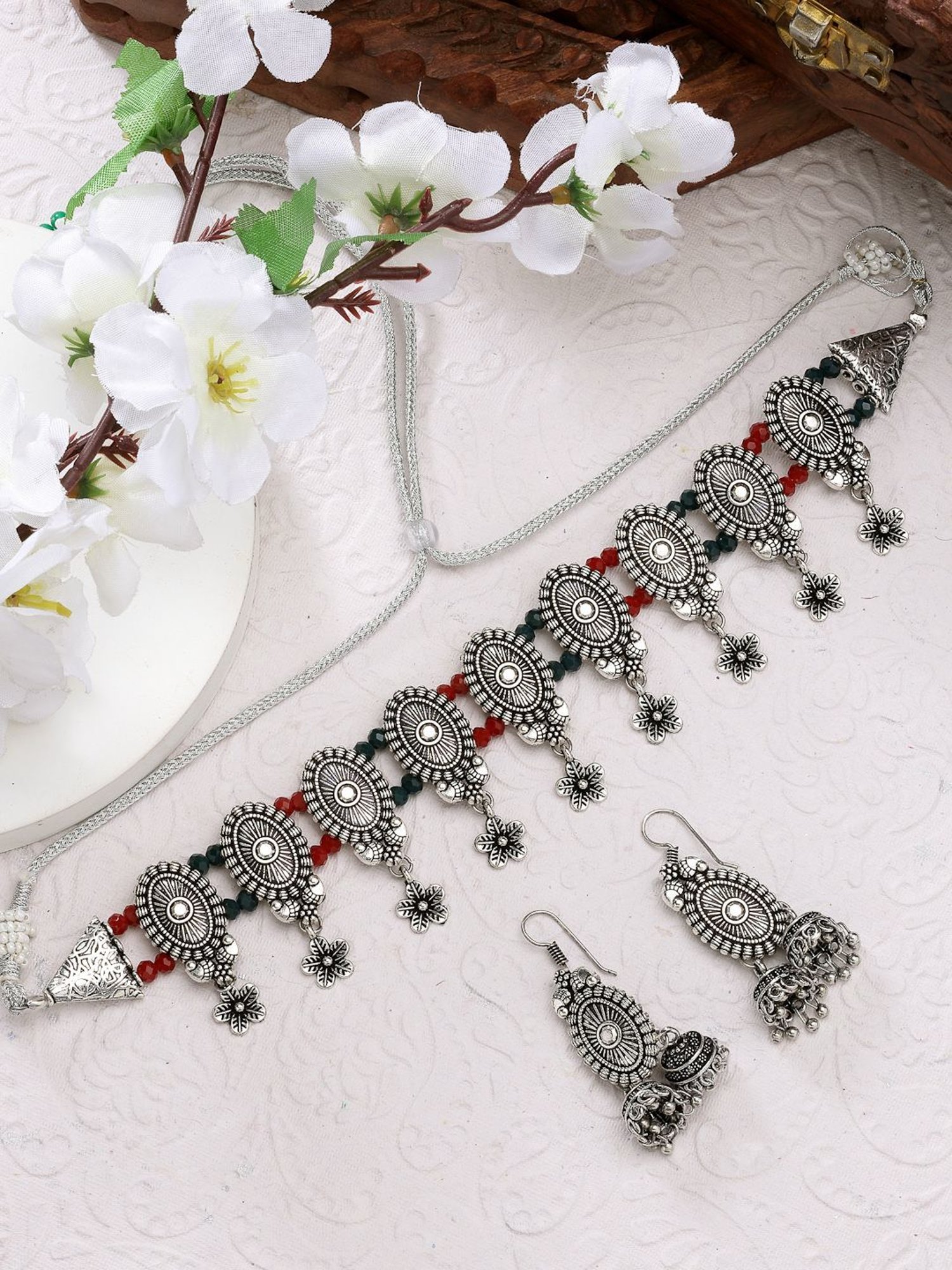 NVR Women Silver-Plated Choker Oxidized Necklace with Jhumki Earrings