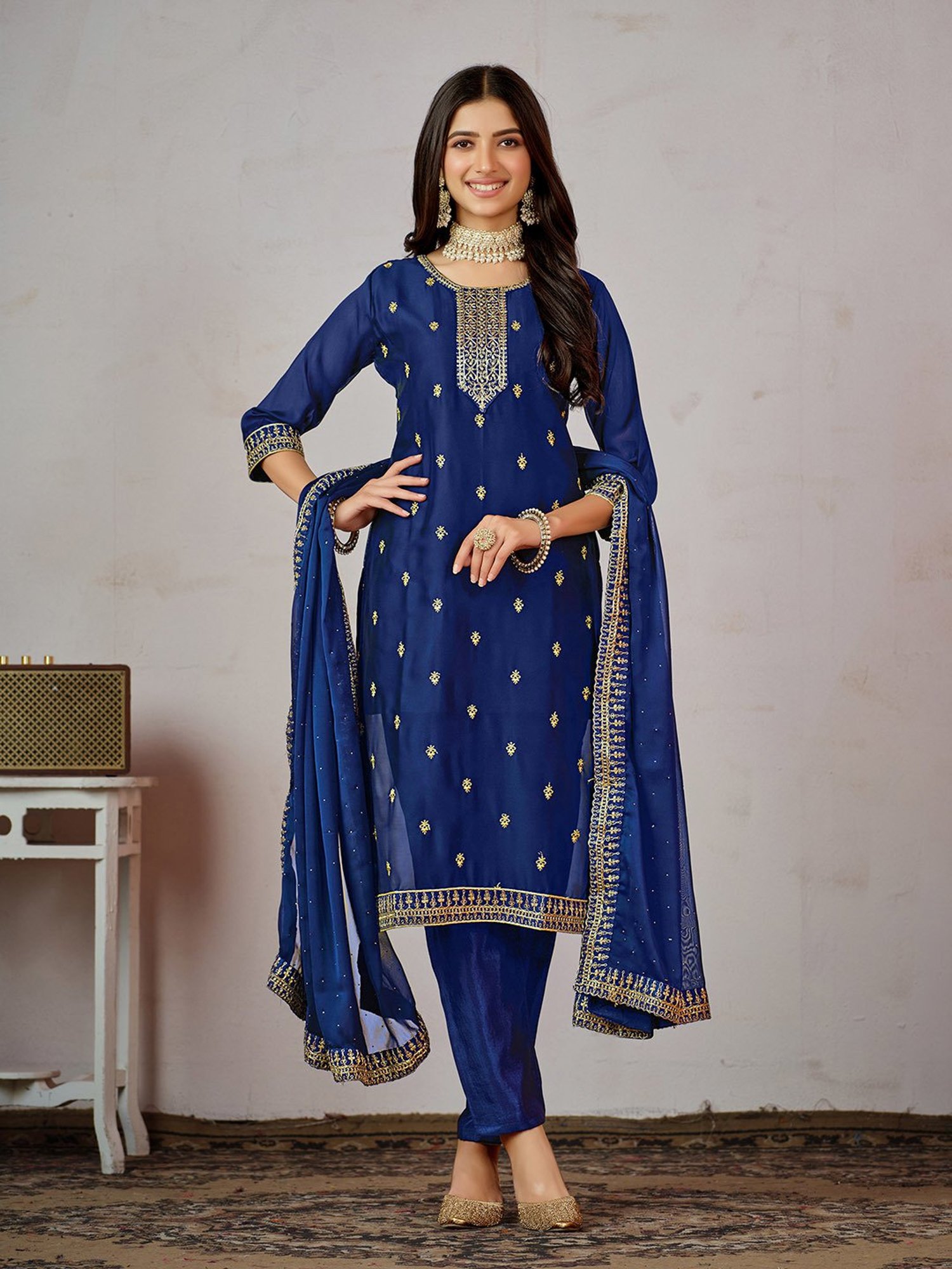 Ishin Blue Embroidered Kurta With Pant & Dupatta