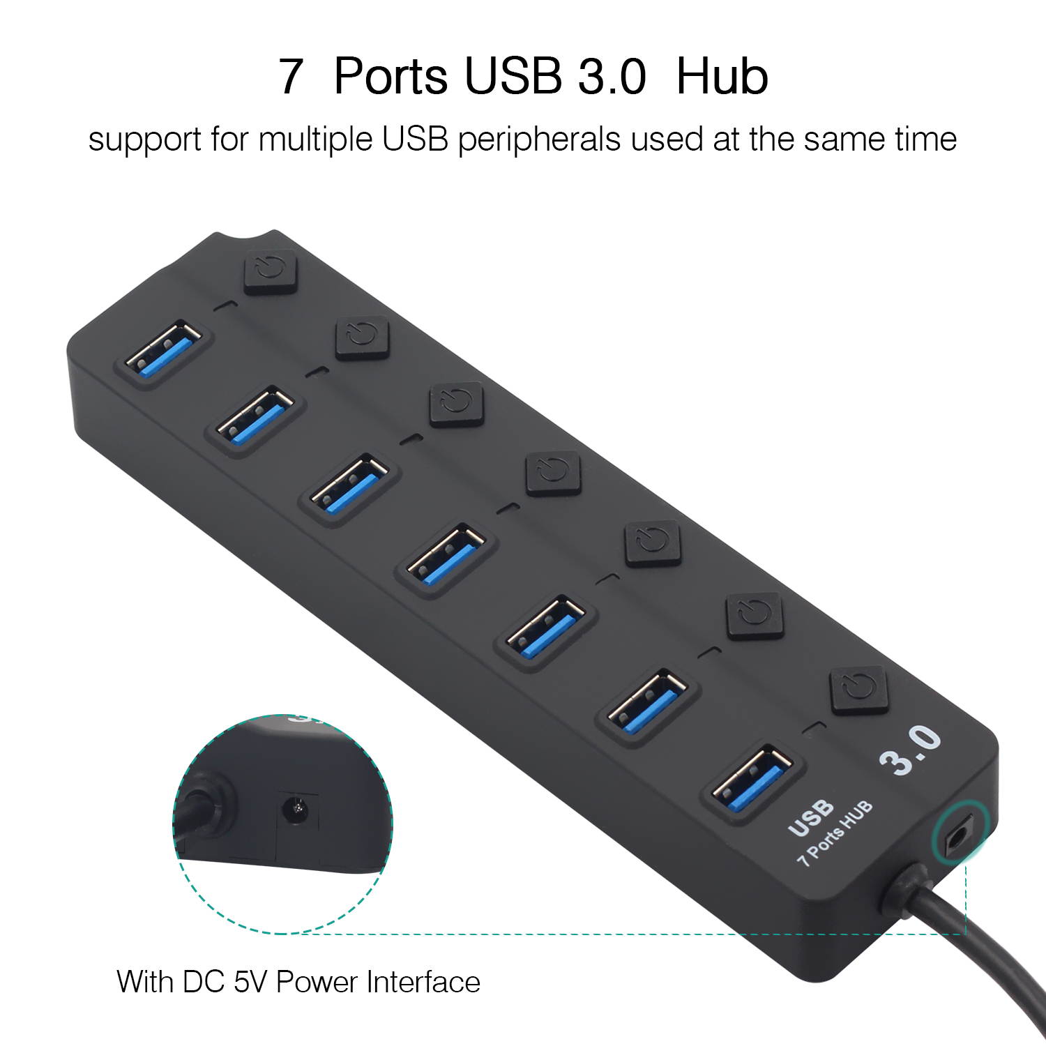 USB 3.0 High Speed Hub 7 Port USB 3.0 Hub Splitter On/Off Switch with US/EU Power Adapter for MacBook Laptop PC Accessories