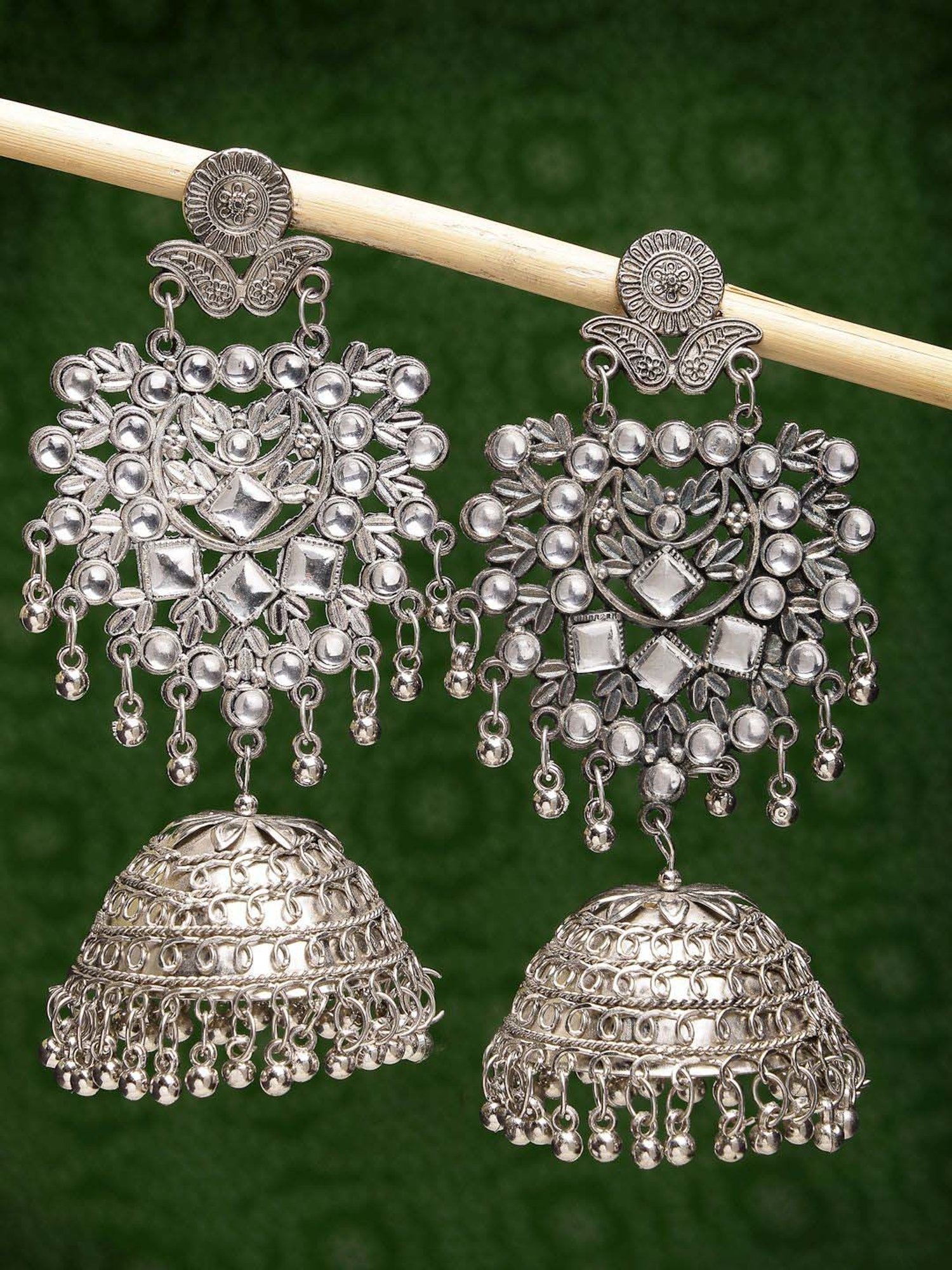 NVR Silver-Plated Oxidized Artificial Stones Dome Shaped Jhumki Earrings for Women