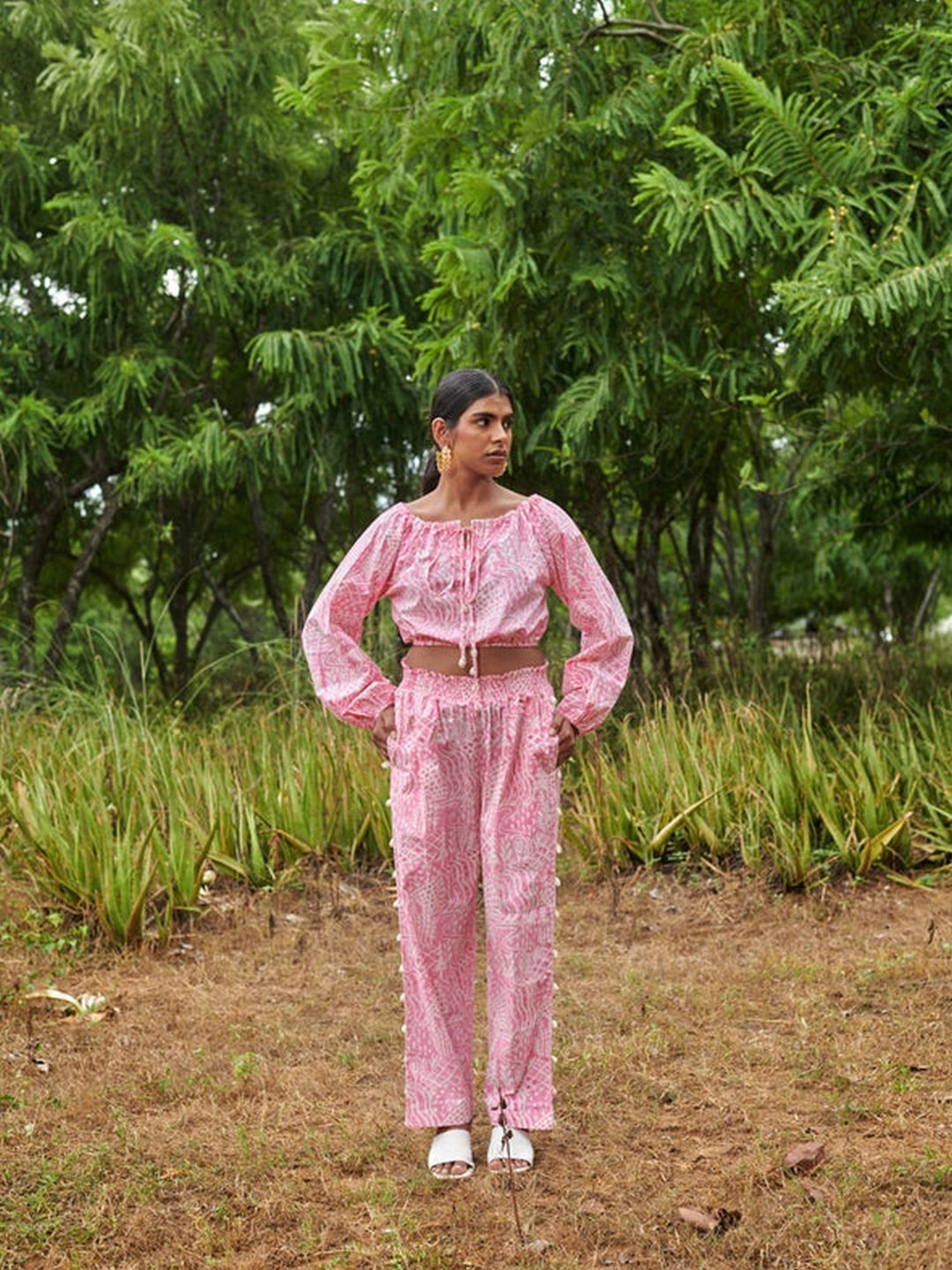 Khajoor Studio Pink & White Sundaze Meadow Smocked Trousers