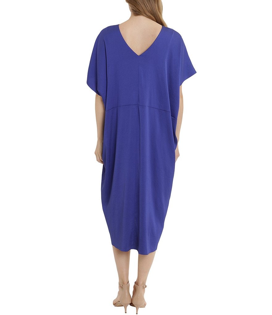 London Times Short Sleeve Satin V-Neck Caftan Dress