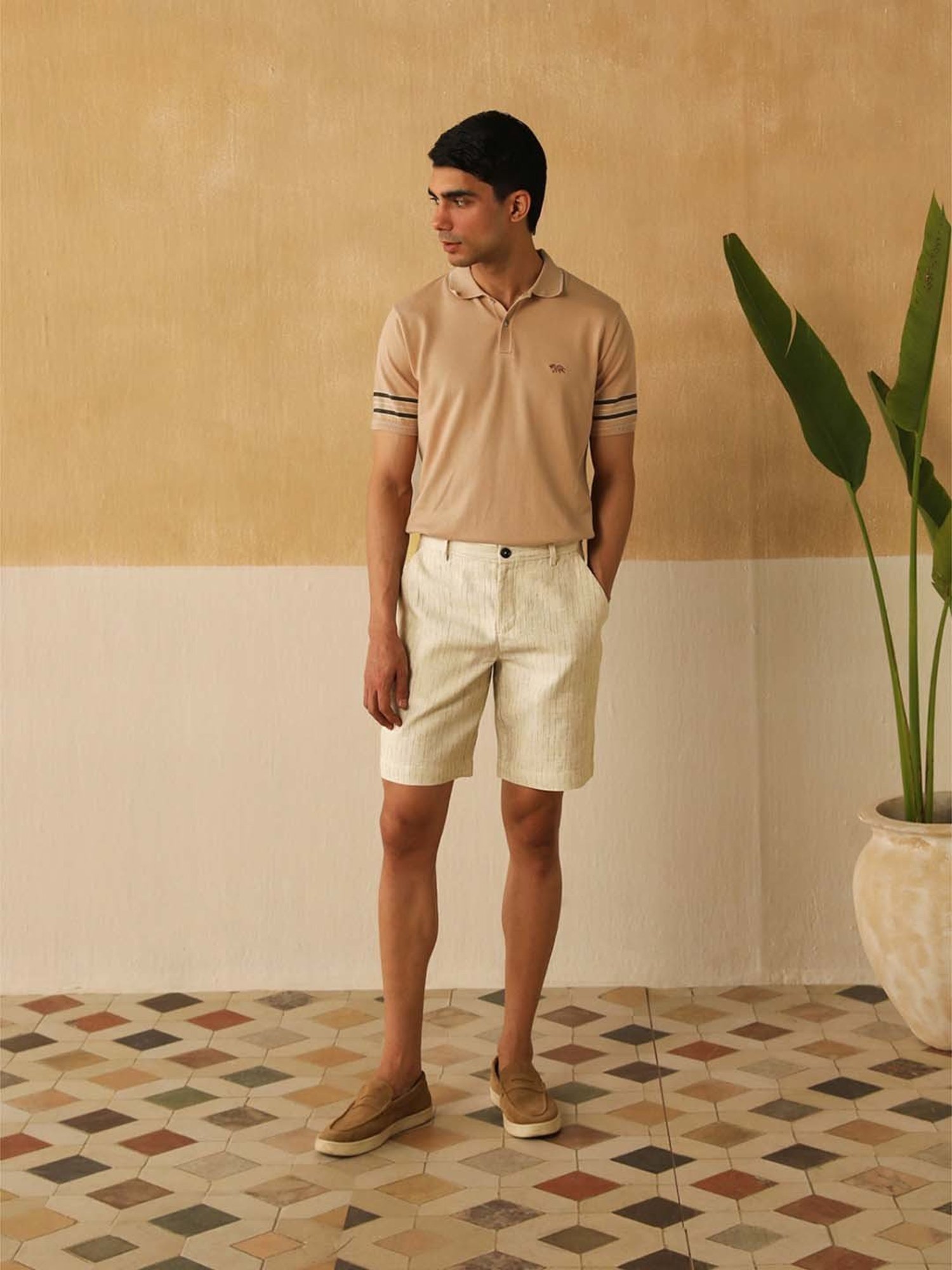 Andamen Beige Linen Regular Fit Striped Shorts