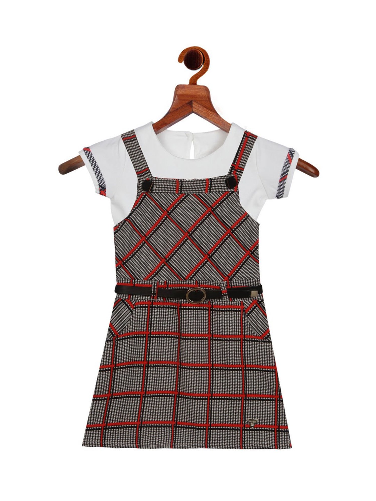 Tiny Girl Kids Multicolor Checks Pinafore Dress, T-Shirt And Belt