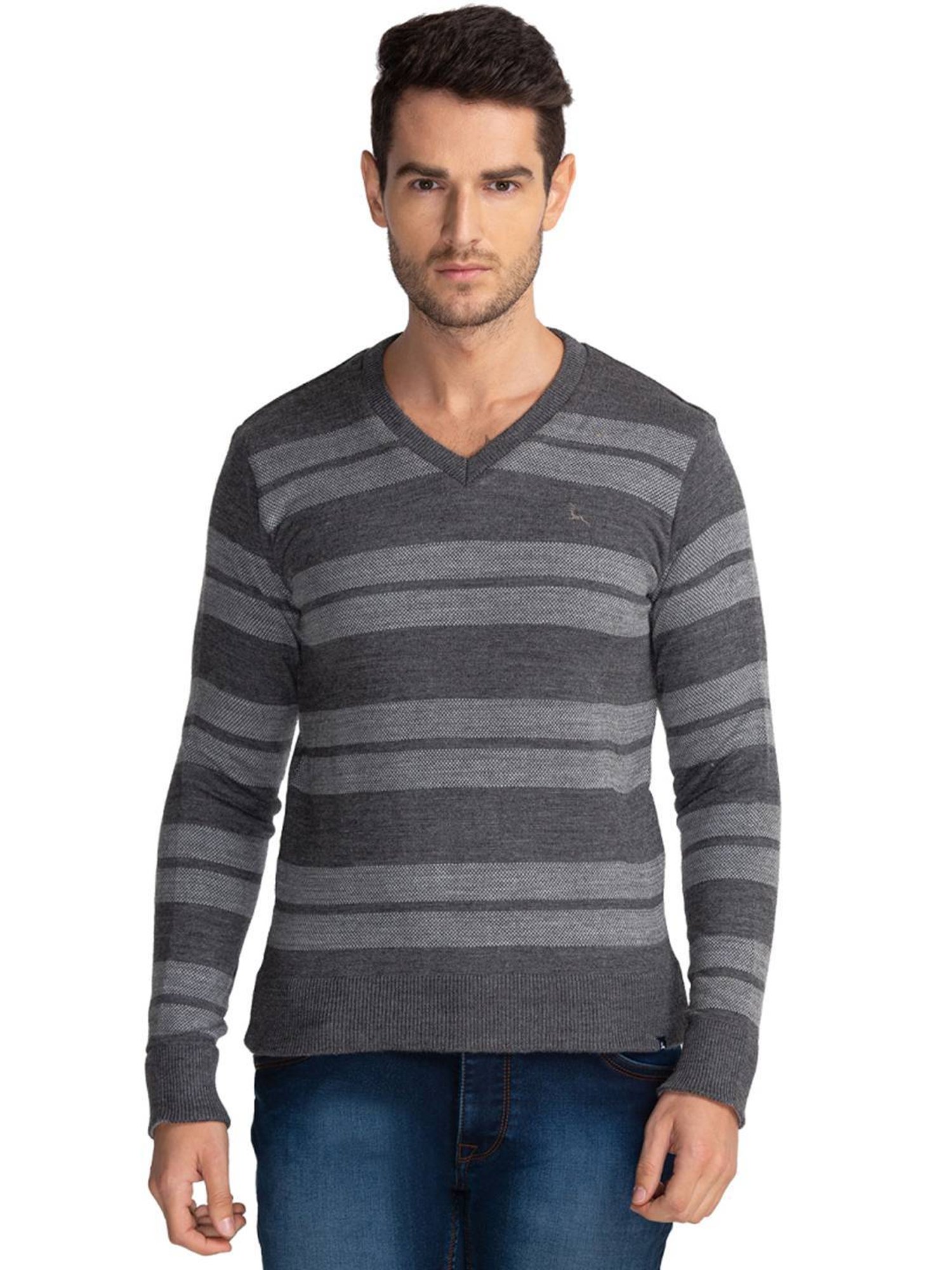 Parx Grey Regular Fit Striped Sweaters